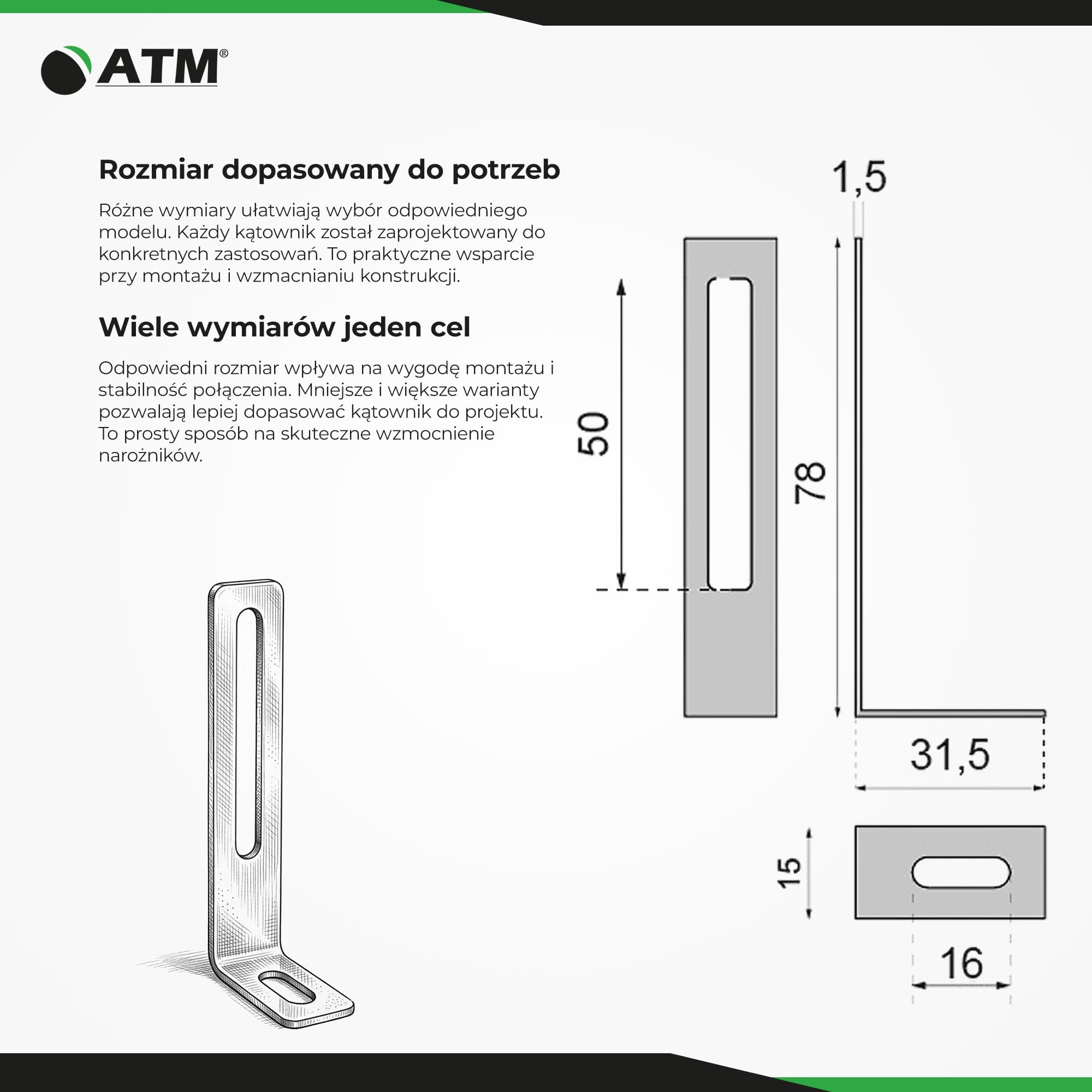 ATM Kątownik meblowy stalowy - Rozmiar 75x30x15 mm - Grubość 1,5 mm - Łącznik kątowy ocynkowany do drewna i mebli - 100 Sztuk