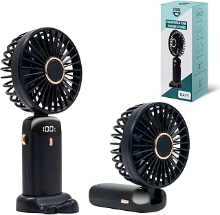 CUQOO Hand Held Fan with Phone Stand in Navy – Mini USB Rechargeable Fans with Powerful Battery (4000mAh) | Foldable Desk Fan with 5 Speeds & Digital Display | Portable Electric Fan for Home Travel