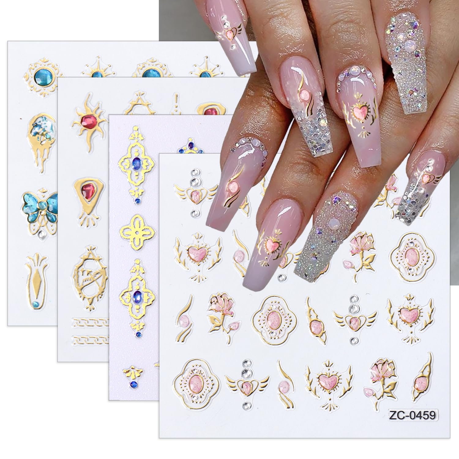 5D Crystal Soft Glue Embossed Sun Star Nail Stickers for Nail Art, 3D Heart Flower Self-Adhesive Designs with Rhinestones Colorful Irregular Geometric