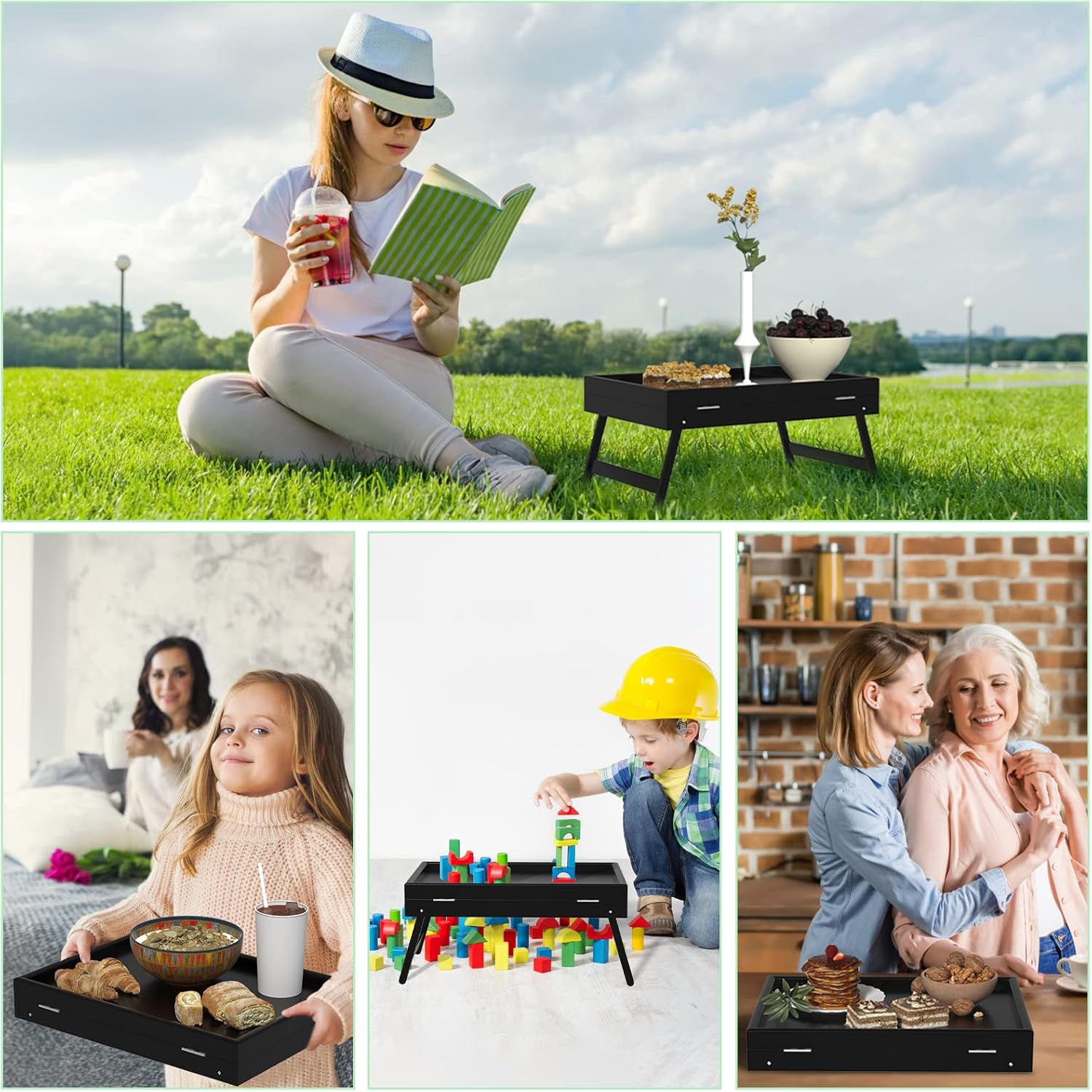 Artmeer Bed Tray Table Breakfast Food Tray with Folding Legs Serving Tray for Laptop Desk, Sofa,Platters,TV,Snack,Eating Tray(Black, Medium)