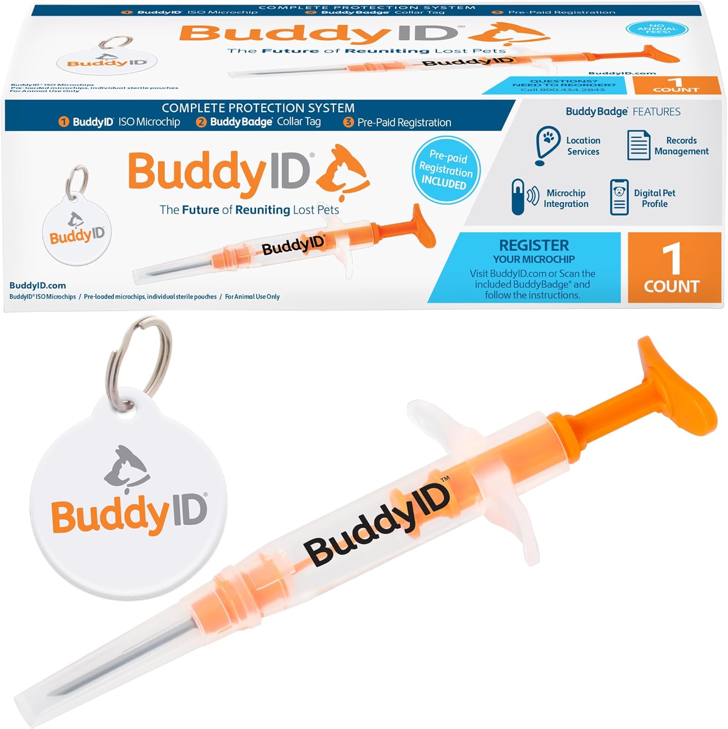 BuddyID Complete Protection System, ISO Pet Mini Microchip with Pre-Paid Lifetime Registration and BuddyBadge® QR Collar Tag, SearchALERTS & SafePlaces Access, for Dogs, Cats and Animals 1ct