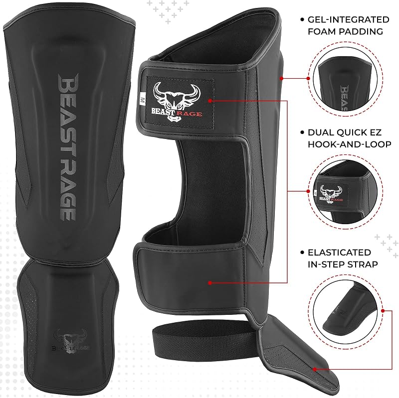 BEAST RAGE Bőr Sípcsontvédő Lábfejvédelemmel - Kickbox, MMA, Muay Thai, Karate Edzéshez - Arany Színű Kompakt Lábszárvédő