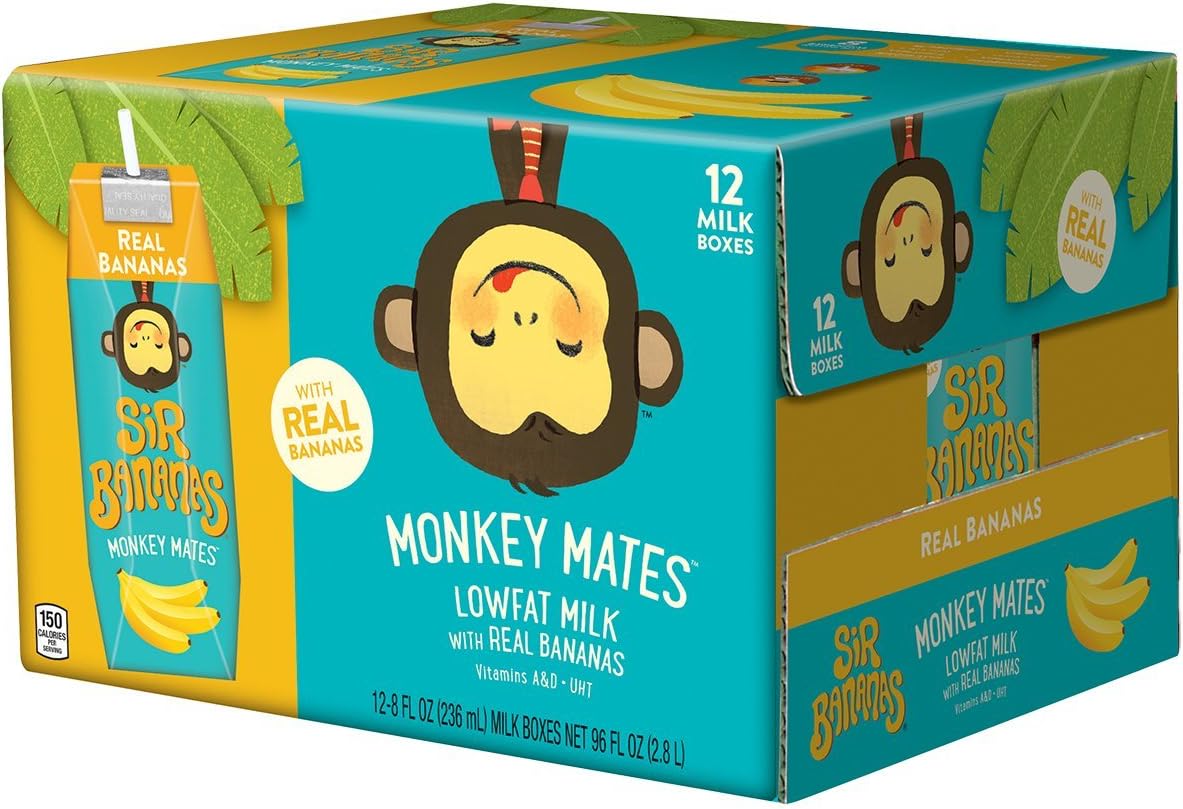 Sir Bananas Monkey Mates, Bananamilk, 8 oz (12 ct), Low Fat Milk with Real Bananas in Individual, Single Serve Milk Box Cartons Ready to Drink, with 8 Grams of Protein