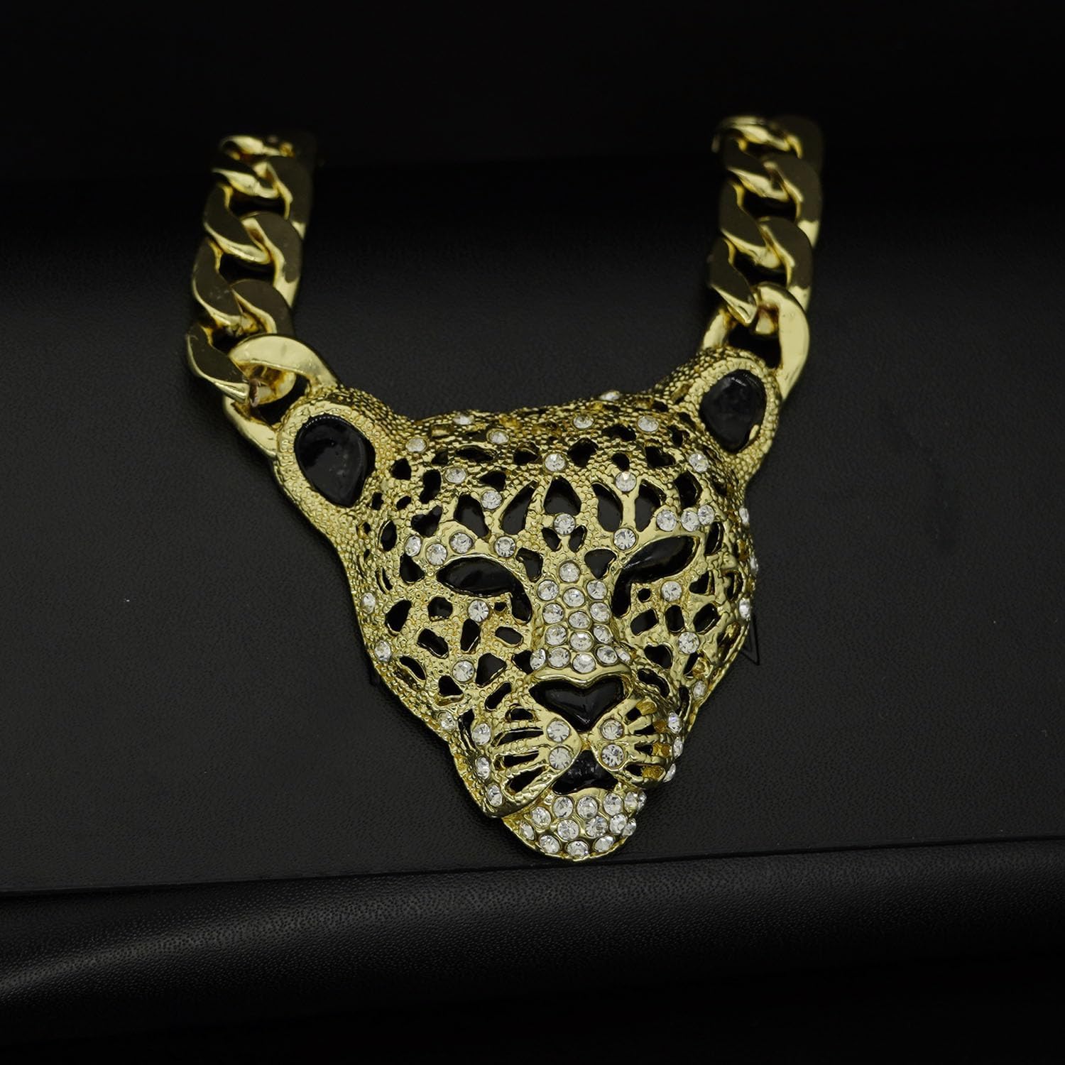 Chunky Cuban Chain Leopard Pendant Choker for Women Men,Animal Cheetah Iced Out Charm Necklace with 14K Gold Plated Link,Faux Diamond Bling Bold Statement Hip Hop Rapper Punk Jewelry - Image 5