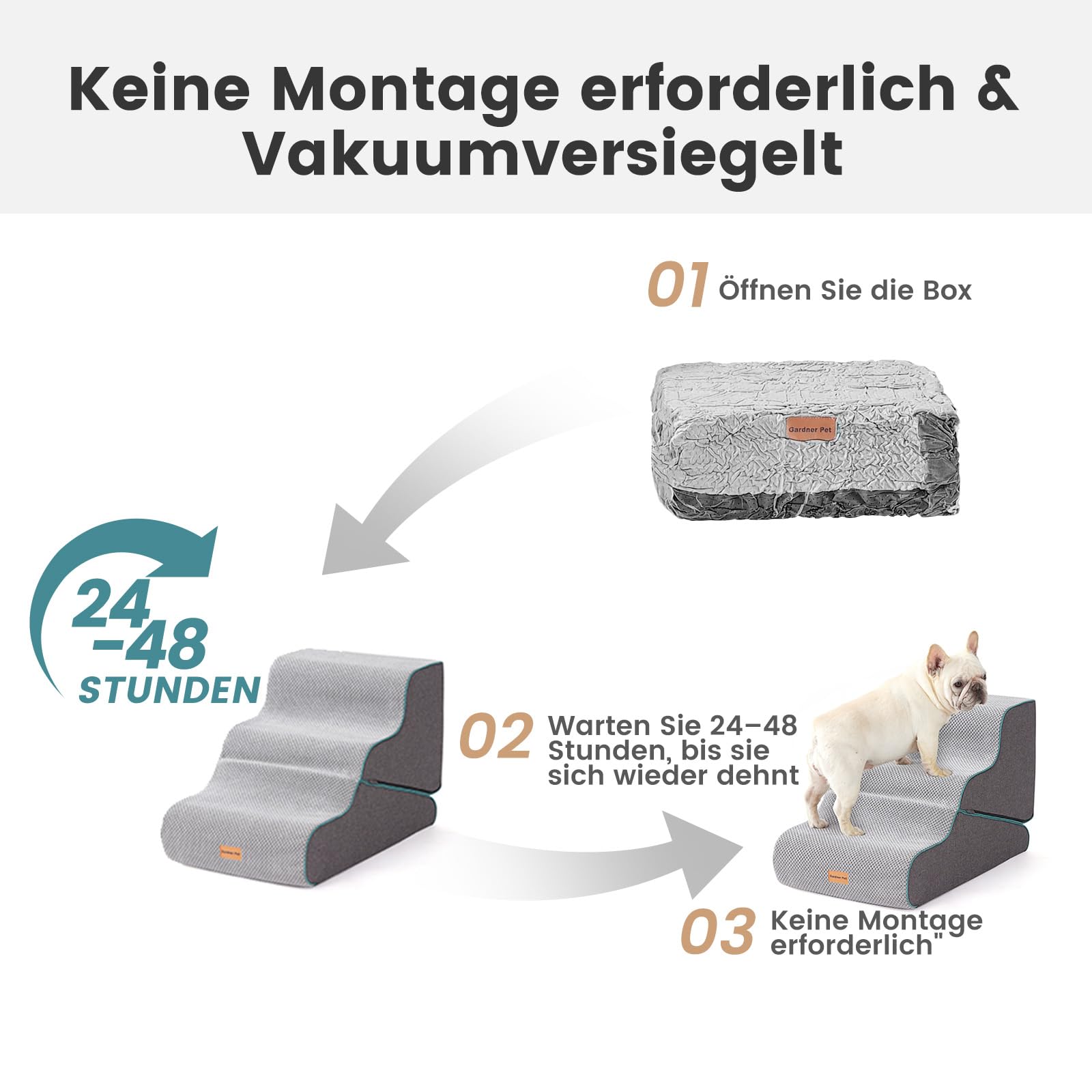 Gardner Pet Hundetreppe für kleine Hunde 35/42cm, Haustiertreppe Hundetreppe 3 Stufen, Hunderampe aus hochdichtem Schaumstoff mit rutschfestem wasserdichtem Stoffbezug für Bett, Sofa, Couch