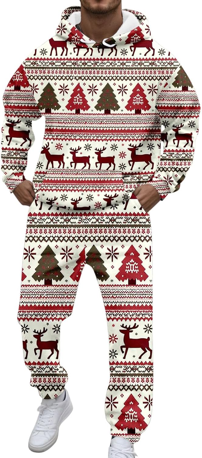 Generisch Kerstpak voor heren, joggingpak, kersttrainingspak, feestelijke grappige kersttrainingspak, 2-delige 3D-print, kerstoutfit met fleece hoodies joggingbroek, C1., S