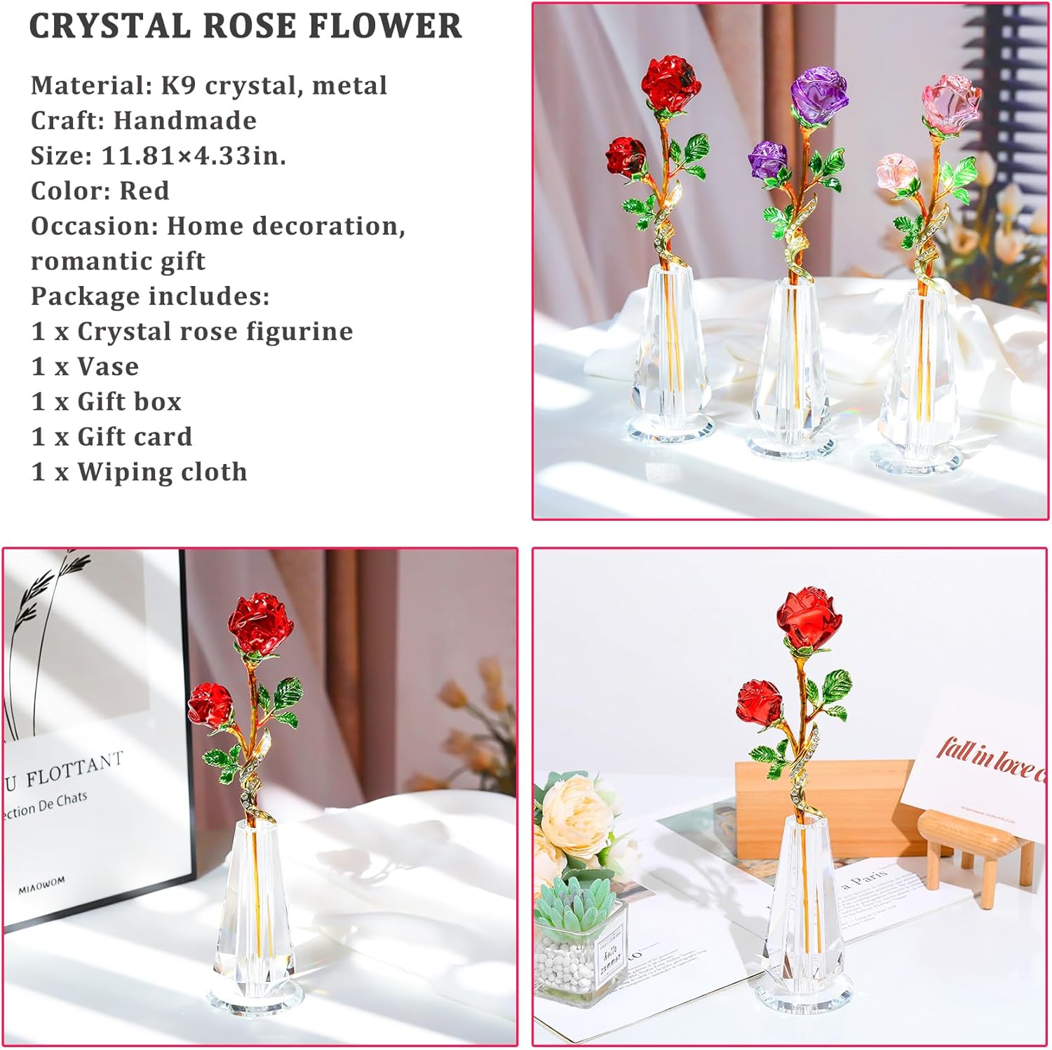 YWHL Handmade Red Rose Flower Crystal Figurine with Vase, Bouquet Glass Flowers Ornament Rose Gifts for Wife Girlfriend Women, Crystal Flower Home Table Decor for Anniversary Wedding - Image 5