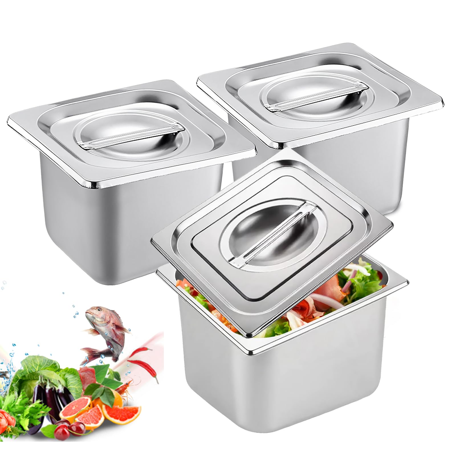 Juego de 3 recipientes GN 1/6 – Recipiente de acero inoxidable con tapa – Resistente al calor, apto para alimentos e ideal para cocina, buffet y catering