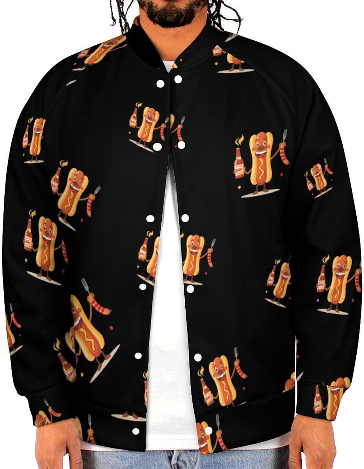 Funny Hot Dog Novelty Men's Baseball Jackets Causal Sweatshirt Button Top Long Sleeve Coat