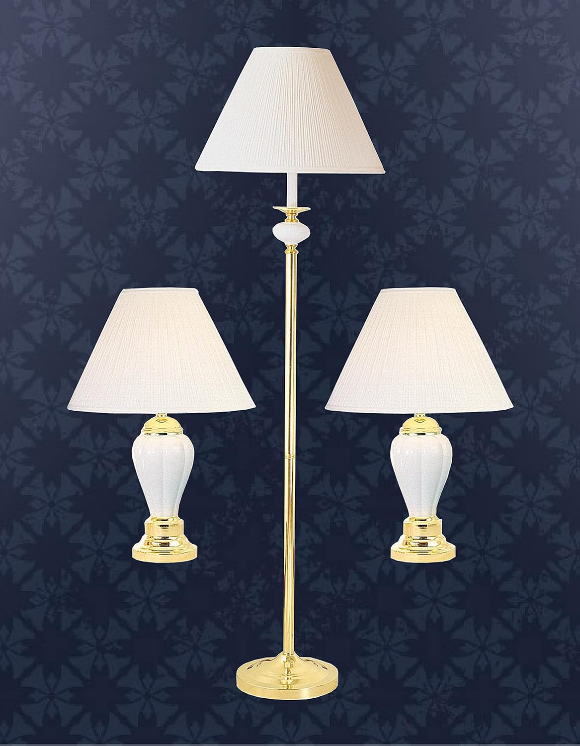 Ore International K-4101IV-31-A Ceramic/Brass Table Plus Floor Lamp, Set of 3, Ivory