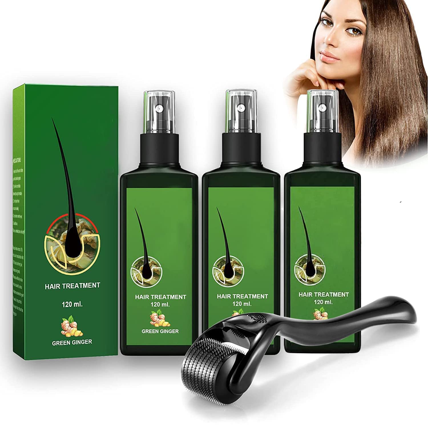 Loción capilar para el crecimiento del cabello, 3 unidades para hombres y mujeres, mejora N3, Growthplus Nourishing Ginger Spray, Hair Lotion Hair Root Hair Beard with Roller, Hair Lotion Herbs