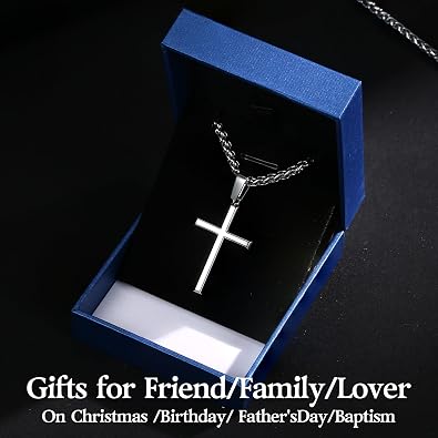 IRONBOX 925 Sterling Silver Cross Necklace for Men Women with 3MM Stainless Steel Strong Durable Wheat Chain 18K White Gold Plated Crucifix Pendant Necklace Jewelry 16-30 Inches