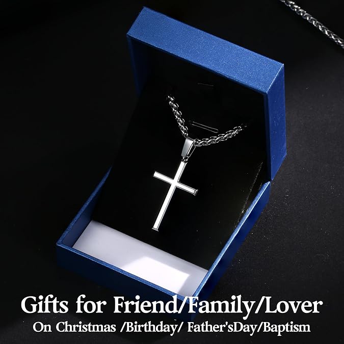 IRONBOX 925 Sterling Silver Cross Necklace for Men Women with 3MM Stainless Steel Strong Durable Wheat Chain 18K White Gold Plated Crucifix Pendant Necklace Jewelry 16-30 Inches