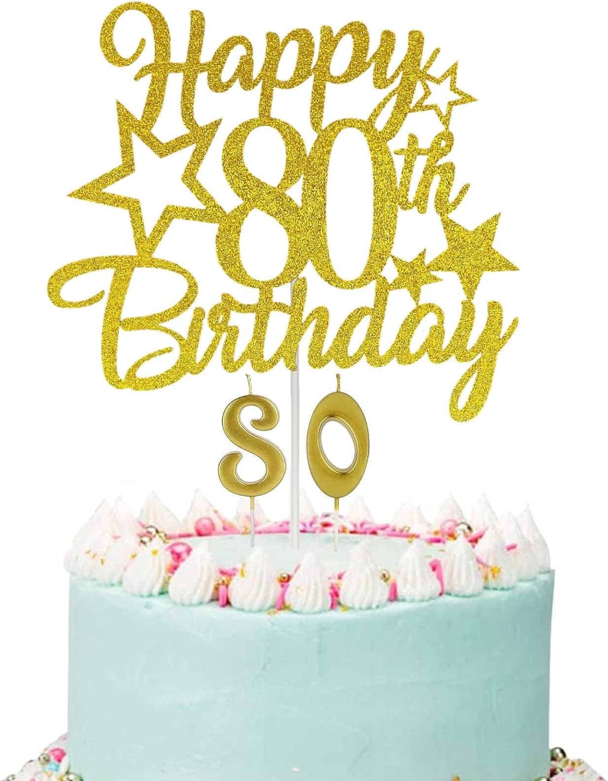 Happy 80th Birthday Cake Topper, Gold Glittery 80th Birthday Cake Topper, 80th Birthday Candles, 80 Fabulous Cake Topper with Number 80 Candles for Women Men 80th Birthday Decorations