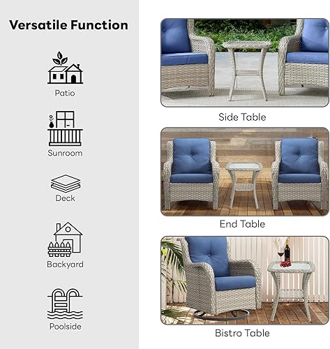 Miniatura 6 de Belord Mesa auxiliar pequeña de mimbre de vidrio templado, mesa auxiliar impermeable para patio, mesa auxiliar de ratán con almacenamiento, color