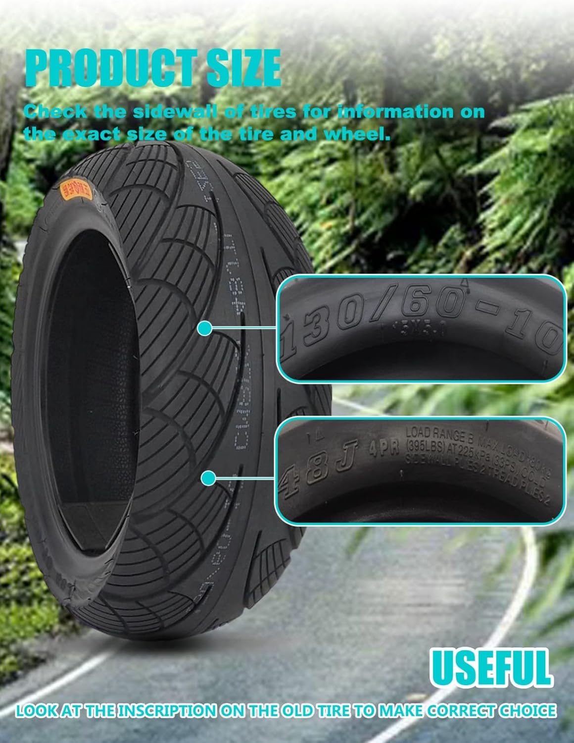 130/60-10 Tubeless Bike Tire for Front or Rear, 130/60/10 48J 225 KPA Replacement Street Neumático Tyre Fits on 10 Inch | Provides Reliable Traction