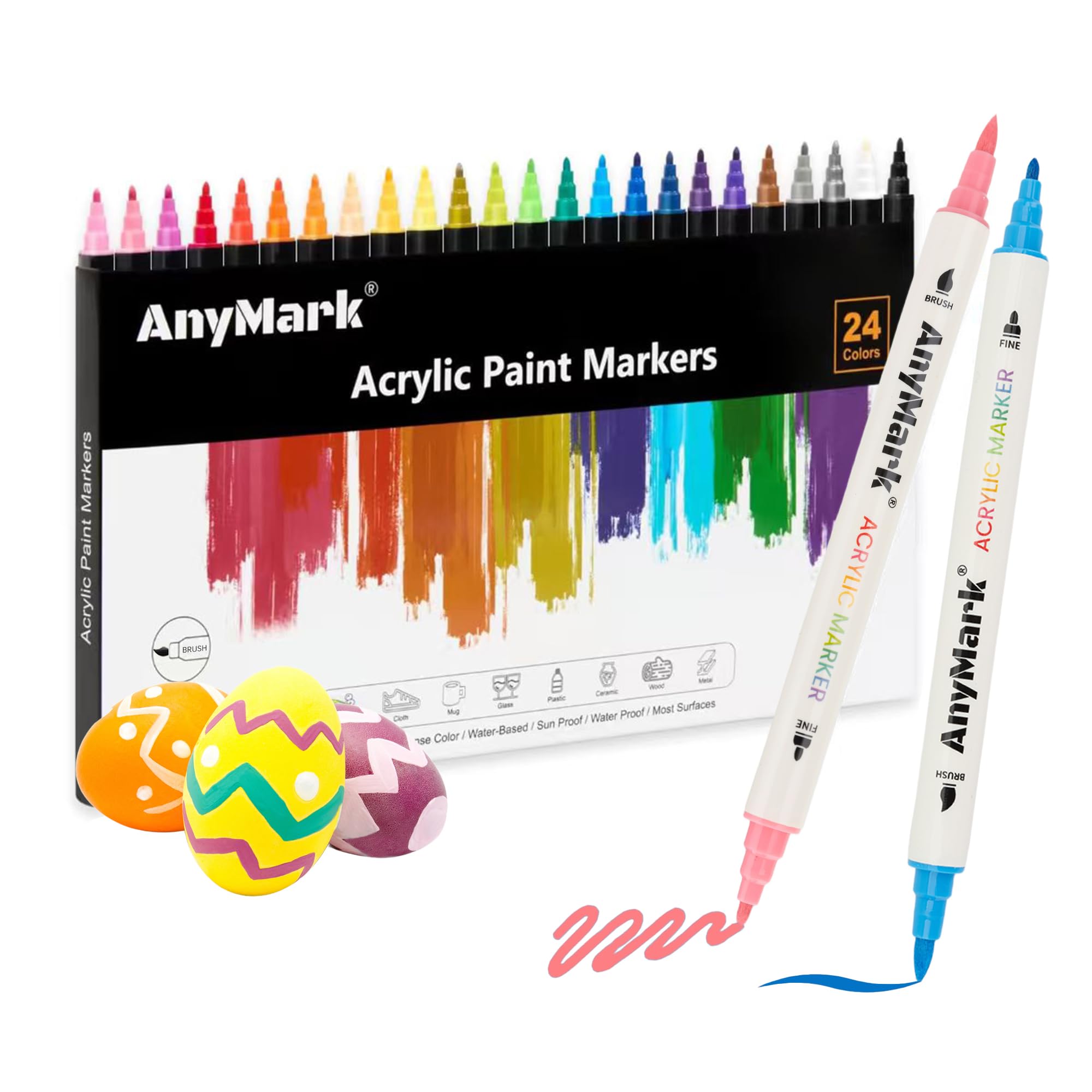 AnyMark 24 Colores Marcadores de Pintura Acrílica, Doble Punta Pincel y Fina, Rotuladores Acrílicos para Piedra, Madera, Vidrio, Roca y Manualidades DIY