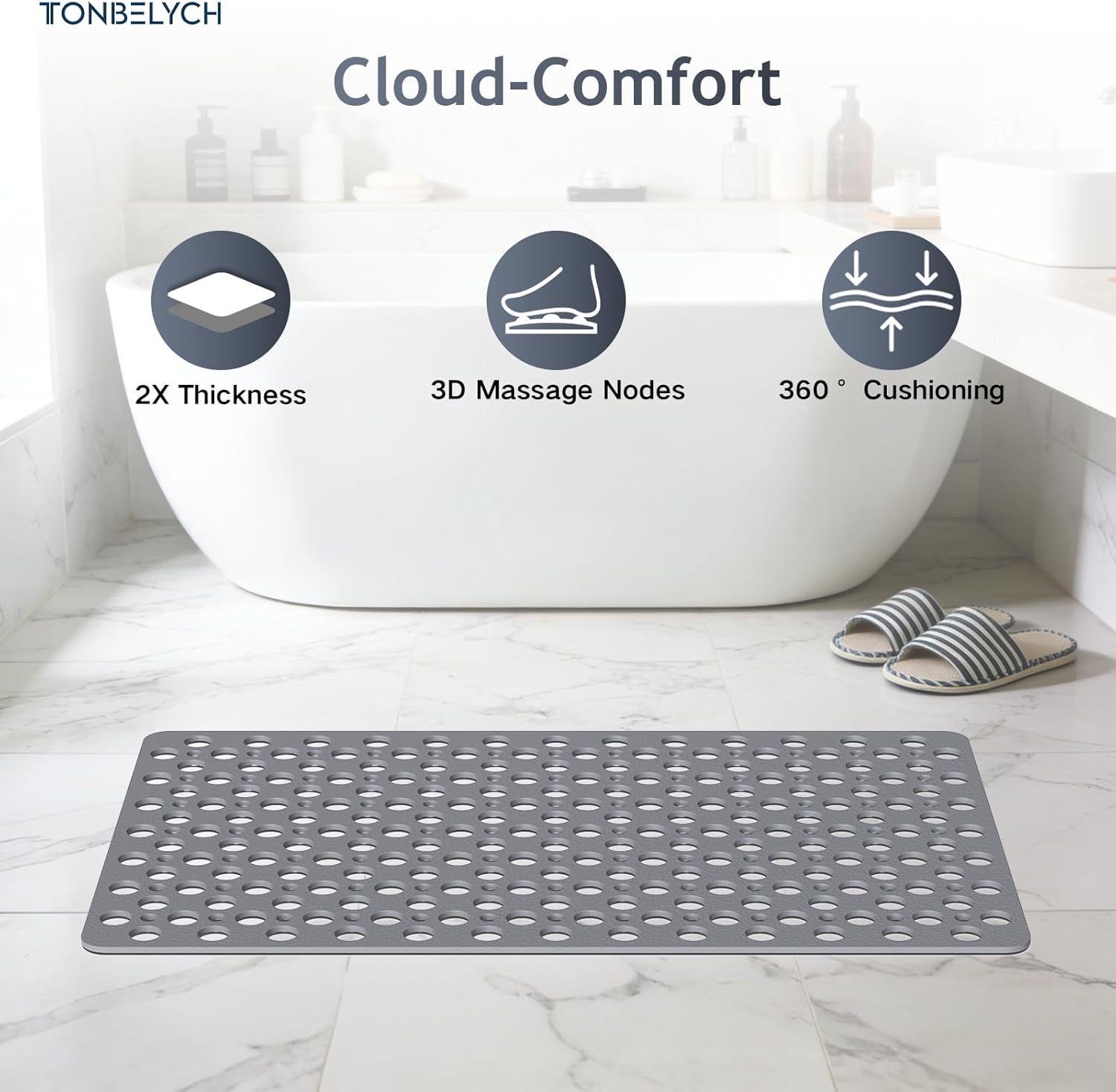 Non Slip Bath Mat for Shower & Bathtub - 30x17 Inch with Strong Suction Cups and Drain Holes, Quick-Dry, Machine Washable Floor Mat for Elderly, Kids & Pets