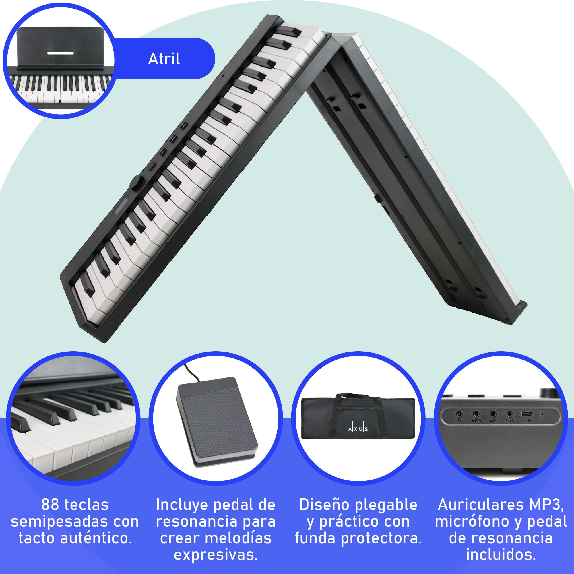 Axus Teclado De Piano Digital Plegable Portátil De 88 Teclas, Teclas Semipesadas De Tamaño Completo, Pedal De Sostenido, Batería Recargable - Negro
