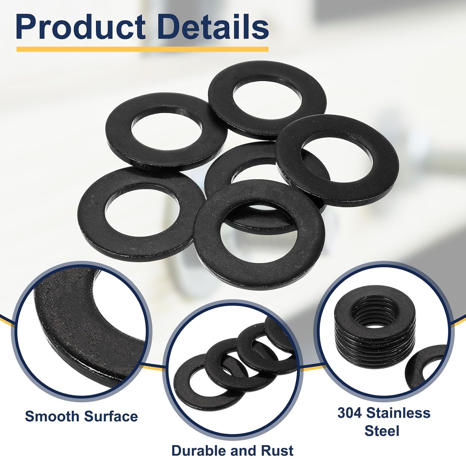 uxcell 6 Pcs Flat Washer for Screws, Stainless Steel Washers 33mm ID x 60mm OD x 5mm Thick for Bolts, Factories Repair, Kitchens, Shops, and Outdoor Construction, Black