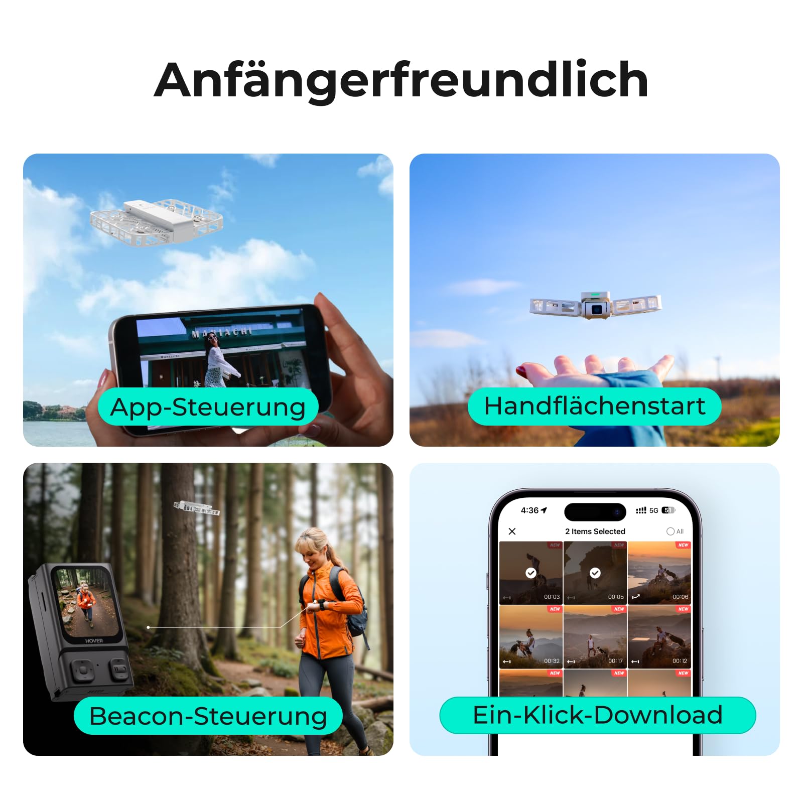 HOVERAir X1 Drohne mit kamera, Selbstfliegend Kamera Drone mit Folge-mir Modus, Mini Drohne im Taschenformat, HDR-Videoaufnahme, intelligente Flugrouten, Freihandsteuerung, Weiß (Combo Plus)