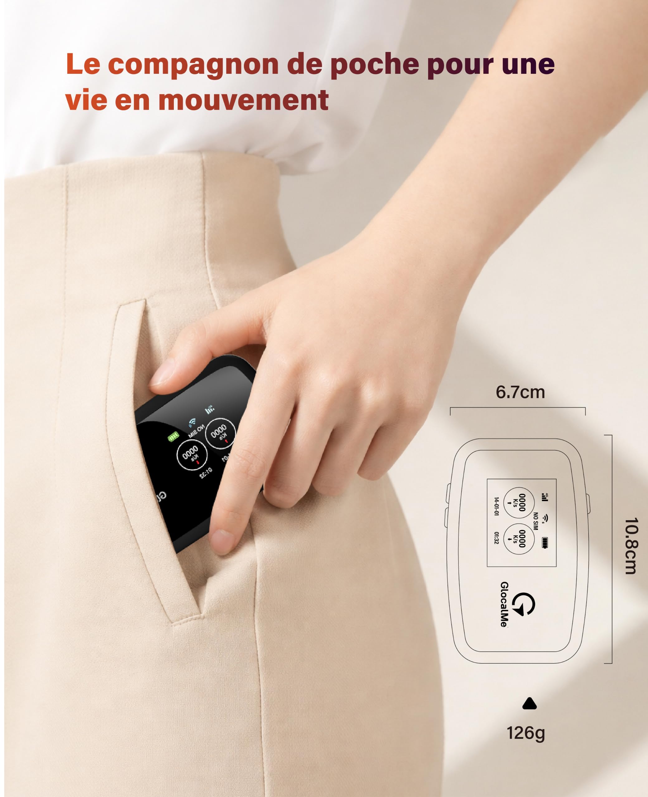 GlocalMe Routeur Wi-Fi mobile C4, données UE 15 Go, carte SIM incluse, Plug & Play, WiFi 6, batterie 3700 mAh avec autonomie de 14 heures, jusqu'à 10 appareils, Wi-Fi portable pour les déplacements