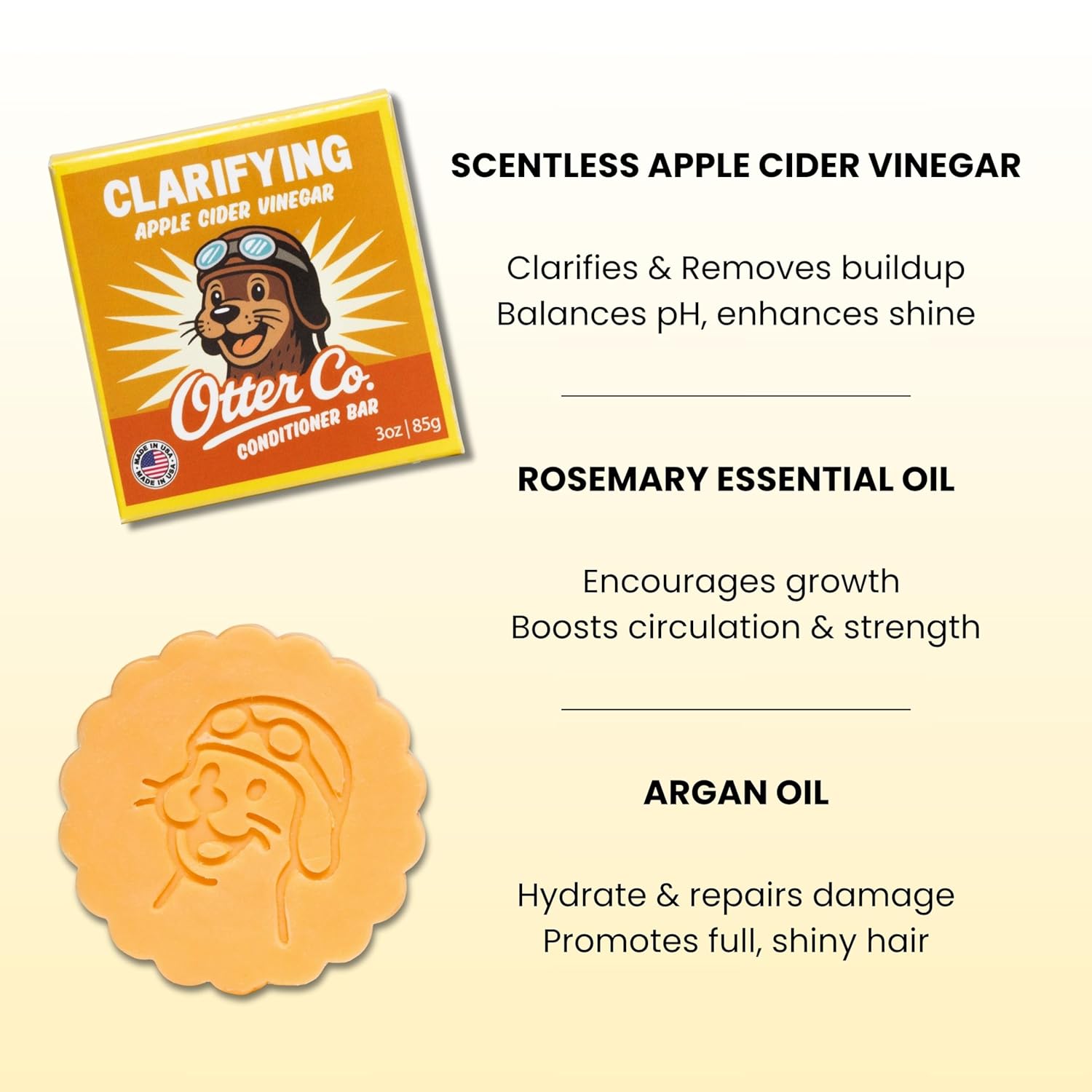 Otter co. Clarifying Apple Cider Vinegar Conditioner Bar – Argan oil, Rosemary, Jojoba & Castor – Hydrating, Vegan, Sulfate Free & Non Toxic – For Women Bar Conditioner, All Hair Types, Made in USA - Image 2
