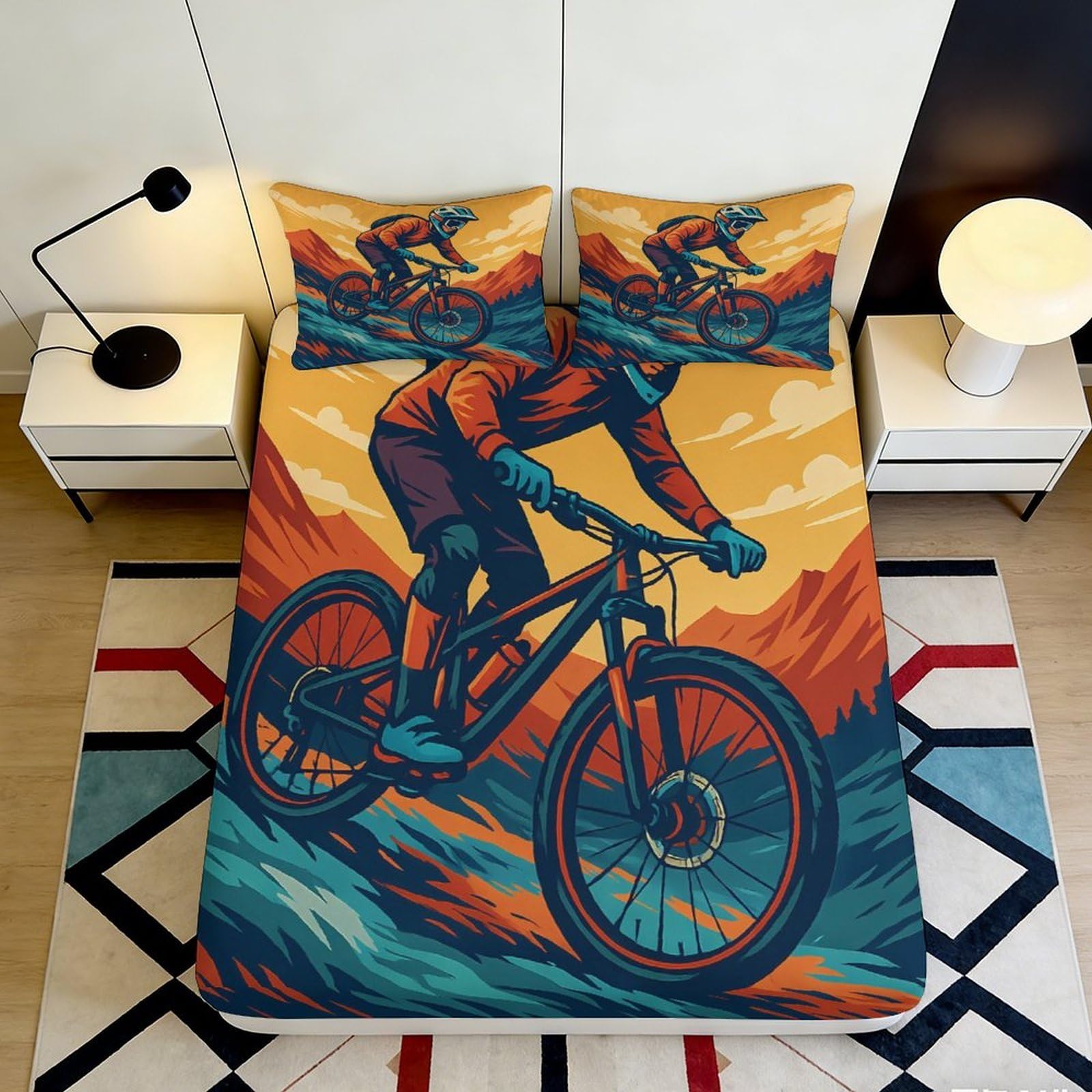 3D Printed Mountain Bike Rider Fitted Sheet Microfiber Orange Blue Cycling Landscape Mattress Cover for Bedroom Dorm Decor 200x200x25cm