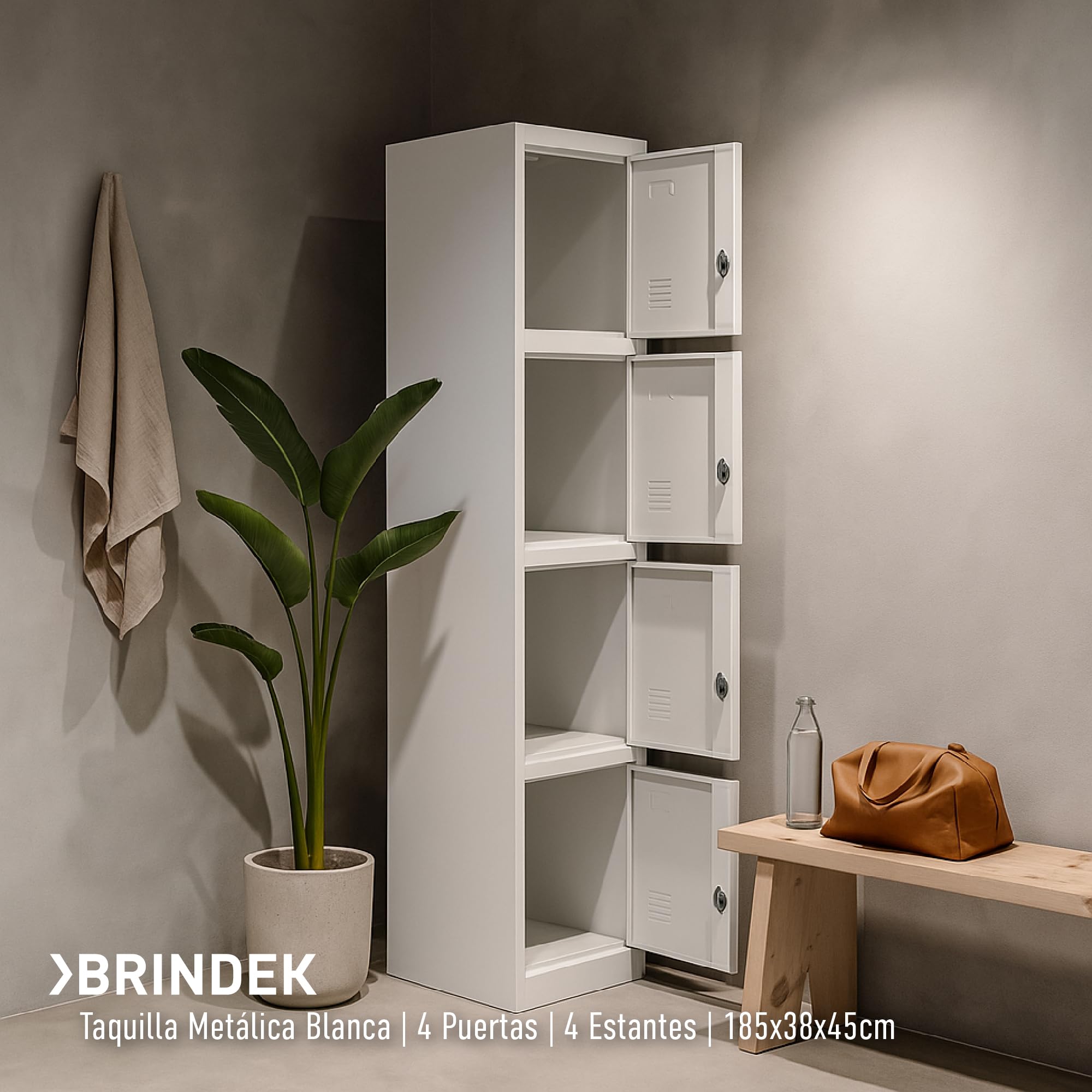 Taquilla Vestuario metálica 4 Puertas Blanca RAL 9016-185x38x45 cm con Cerradura - Incluye Llave | Armario metálico Estrecho para Garaje, Oficina, Gimnasio, Vestuario, Locker Individual