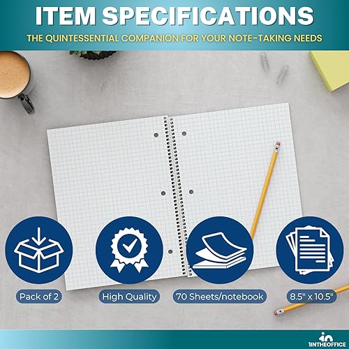 Miniatura 7 de 1InTheOffice Cuaderno de espiral de papel cuadriculado, cuaderno de espiral de 1 tema, cuaderno de cuadrícula, 8 x 10.5 pulgadas, 70 hojas, rojo,