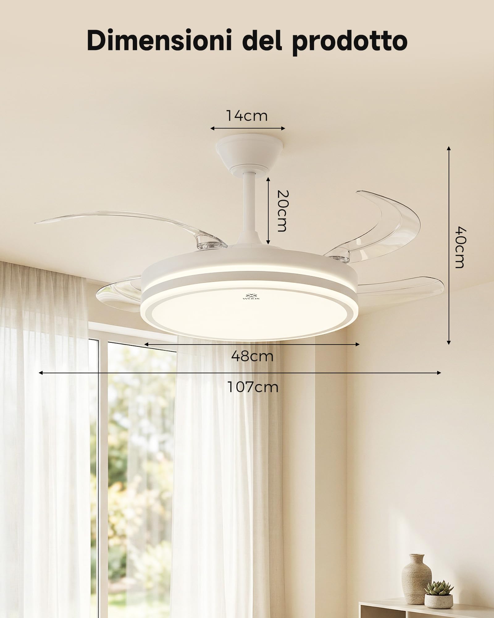 WOOX Ventilatore da Soffitto con Luce, 107cm Lampadario Ventilatore DC | 4 Pale Retrattili Invisibili, LED 50W Dimmerabile (CCT), 6 Velocità, Silenzioso, Estate/Inverno, Telecomando