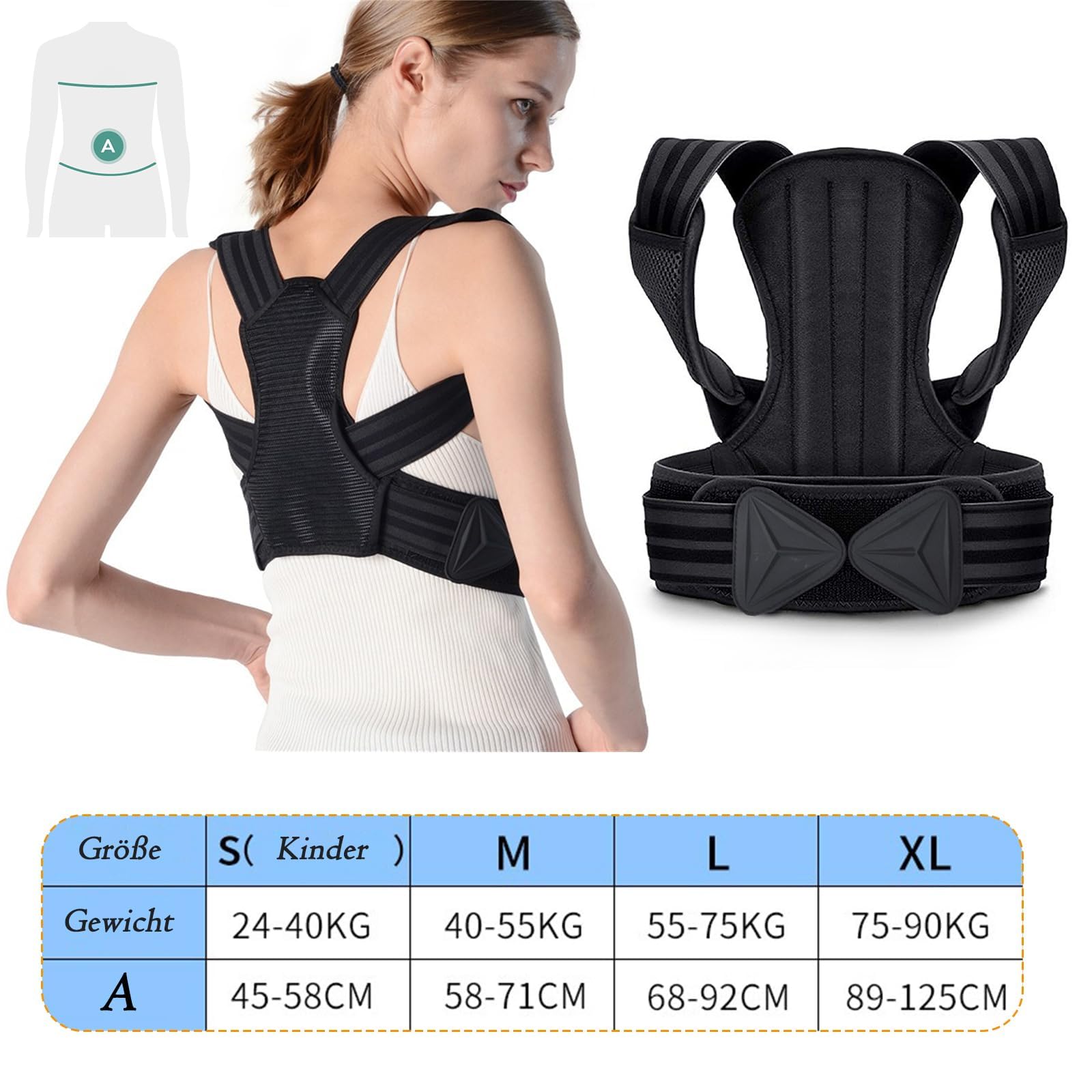 Supporto Dritto per la Schiena, per Uomini e Donne, Anti-Hunchback correttore, a Spalla Aperta,Fascia Traspirante Posturale Correzione,Schwarz-L