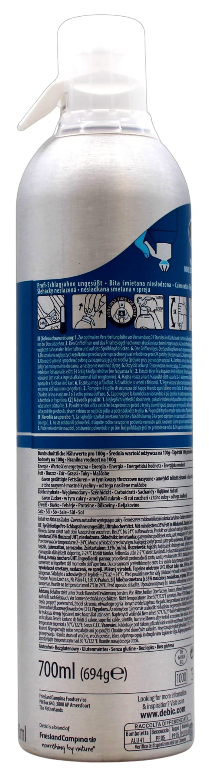 Debic Sprühfertige Profi-Schlagsahne ungesüßt, 6er Pack (6 x 700ml)