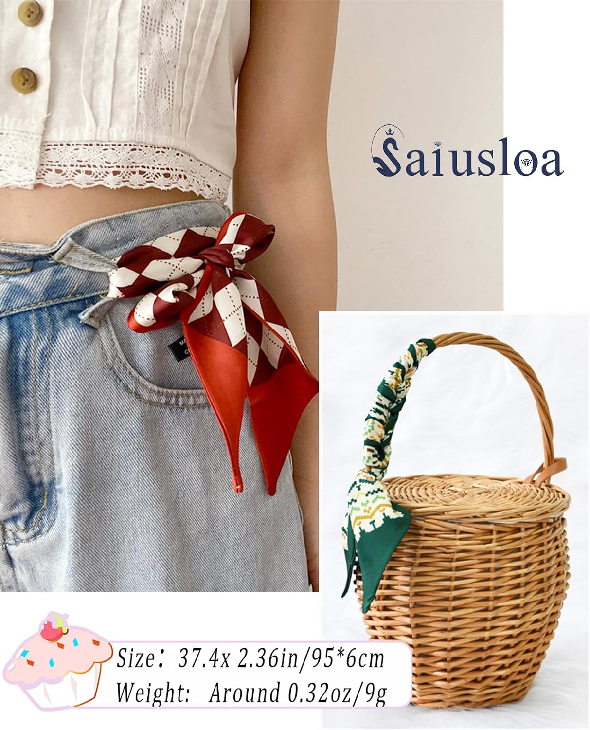 Scarf For Purse Handles Skinny Hair Scarves For Handbags Ponytails Handle Fashion Accessory 37.4x 2.36in image 3