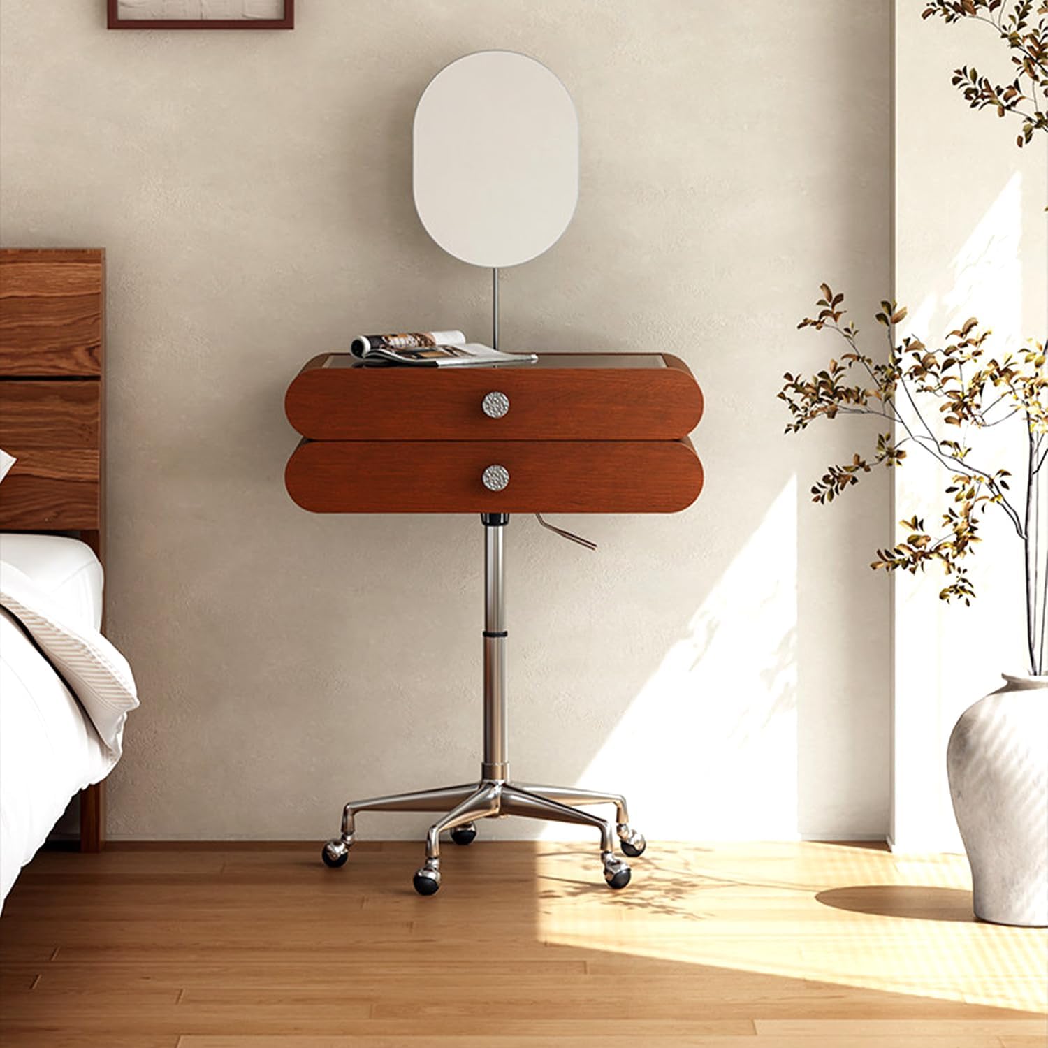 Minimalist Wooden Jewelry Armoire with Wheels, Scandinavian Rolling Storage Cabinet, Modern Standing Jewelry Organizer for Necklaces, Rings & Earrings, Space-Saving Vanity Cabinet (Walnut Brown)