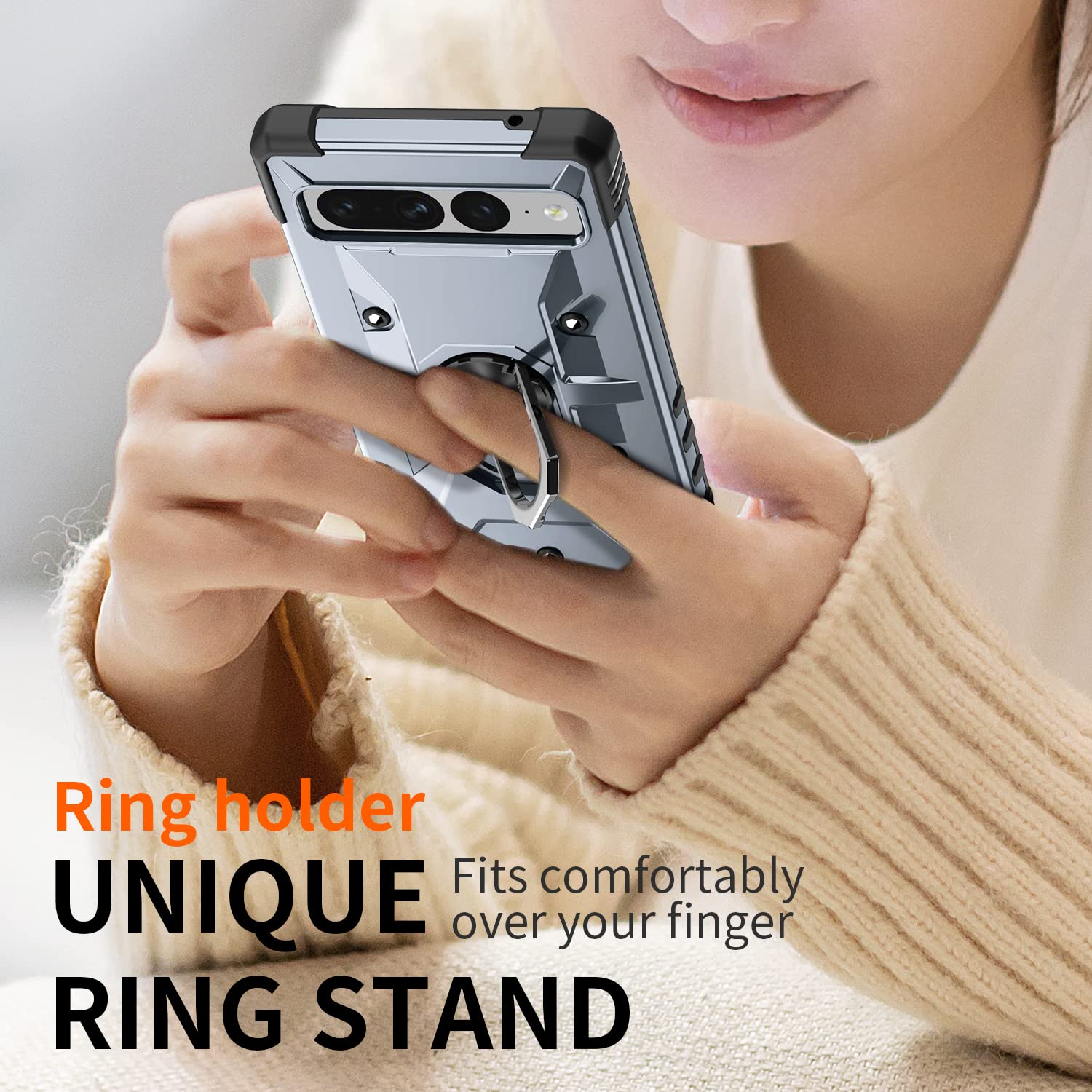 Custodia Per Google Pixel 7 Pro Con Anello, Cover Antiurdo In TPU E PC, Grigia, Protezione 360° - 2
