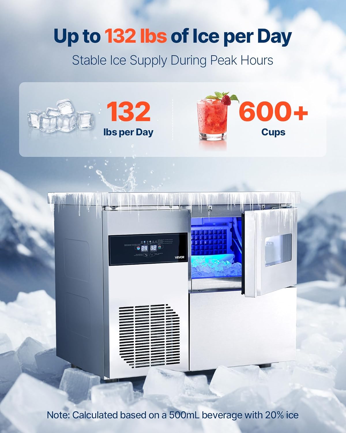 VEVOR Commercial Ice Maker Machine SY60 producing ice cubes, with text indicating 132 lbs per day production
