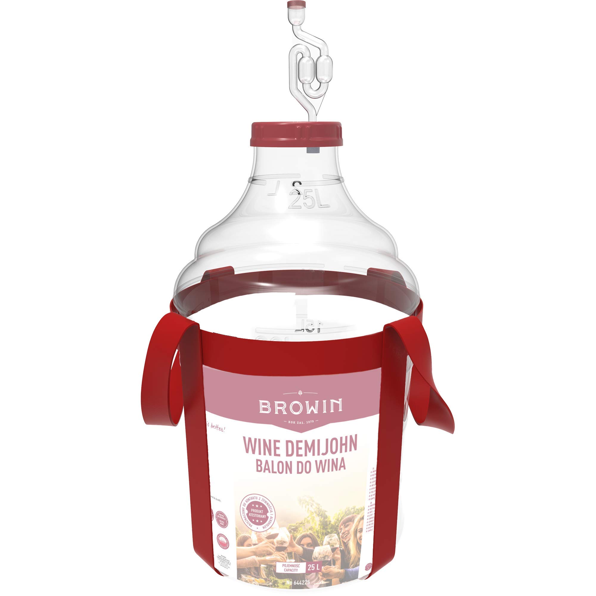 Browin 644215 Home Damigiana per la produzione di vino domestico 15L, Tubo di fermentazione, Coperchio Rosso, Scala Graduata, Con imbracatura per il trasporto, Indistruttibile, Transparente, Plastica