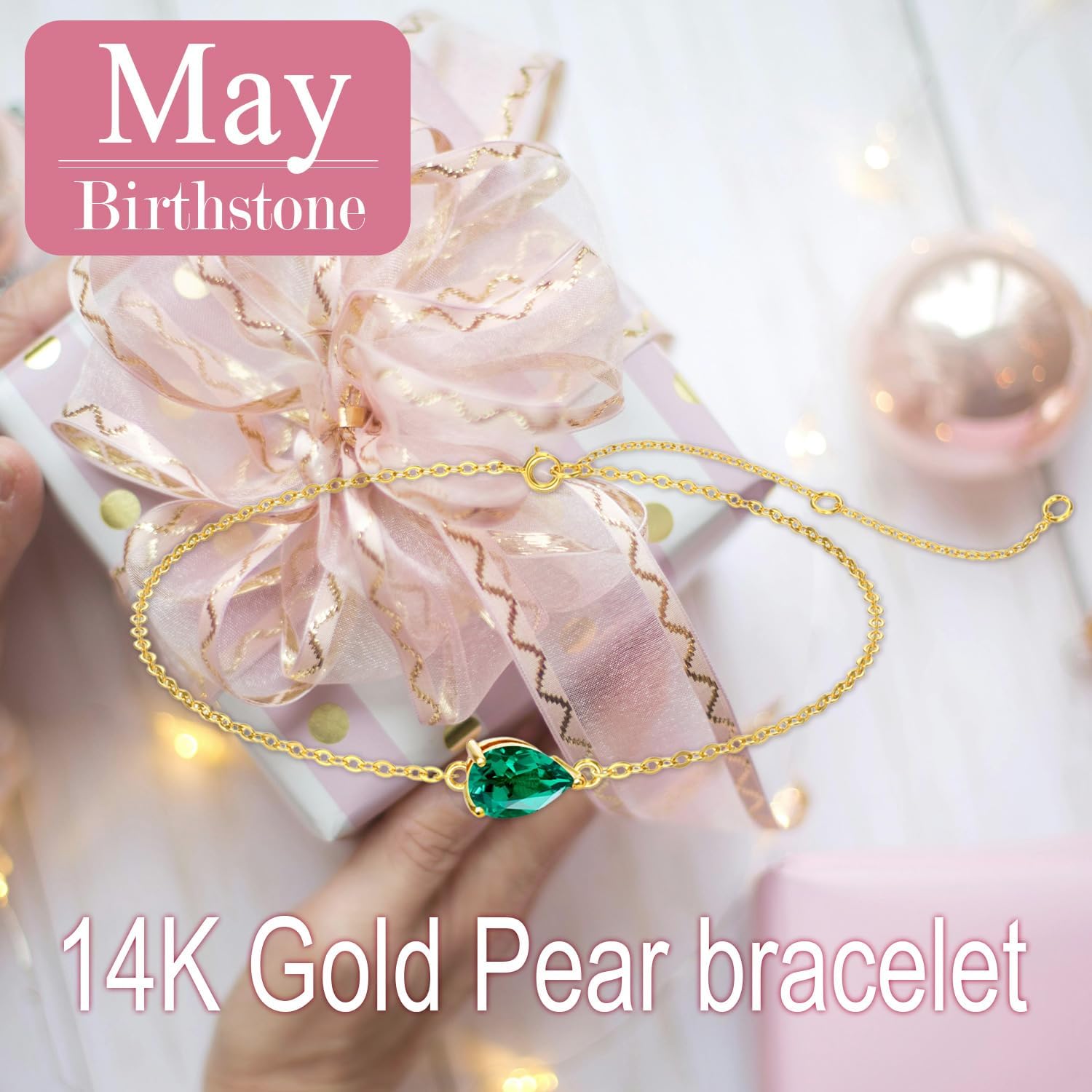 14k Gold Pear Gemstone Bracelet for Women,6MM*8MM Pear-cut Created Birthstone Anniversary Birthday Mother's Day Bracelets Jewelry for Mom Her 6.5''+2''