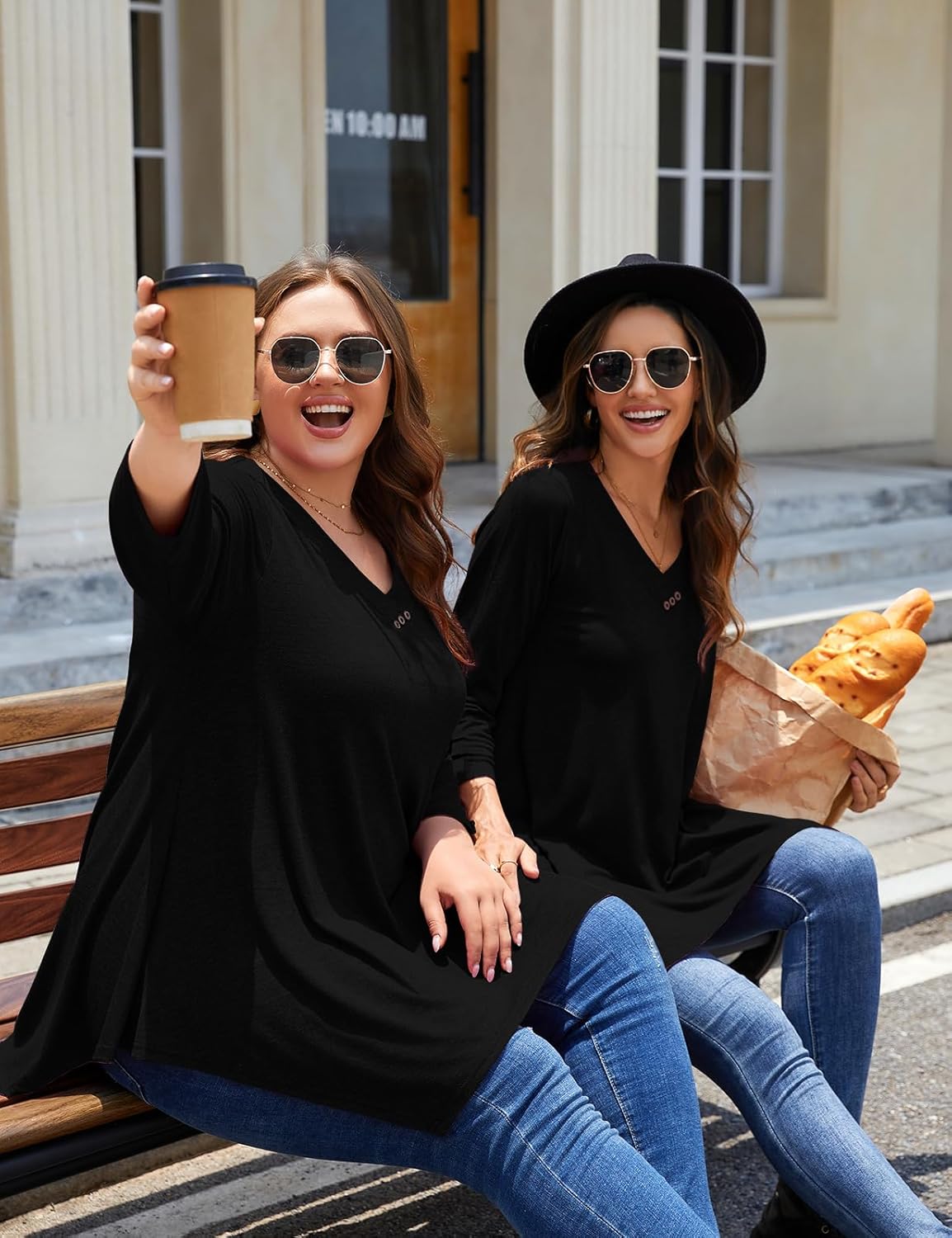 MONNURO Womens Plus Size 3/4 Sleeve Tunics V Neck Button Casual Loose Tops Plaid Shirts for Women Asymmetrical Blouses - Image 4