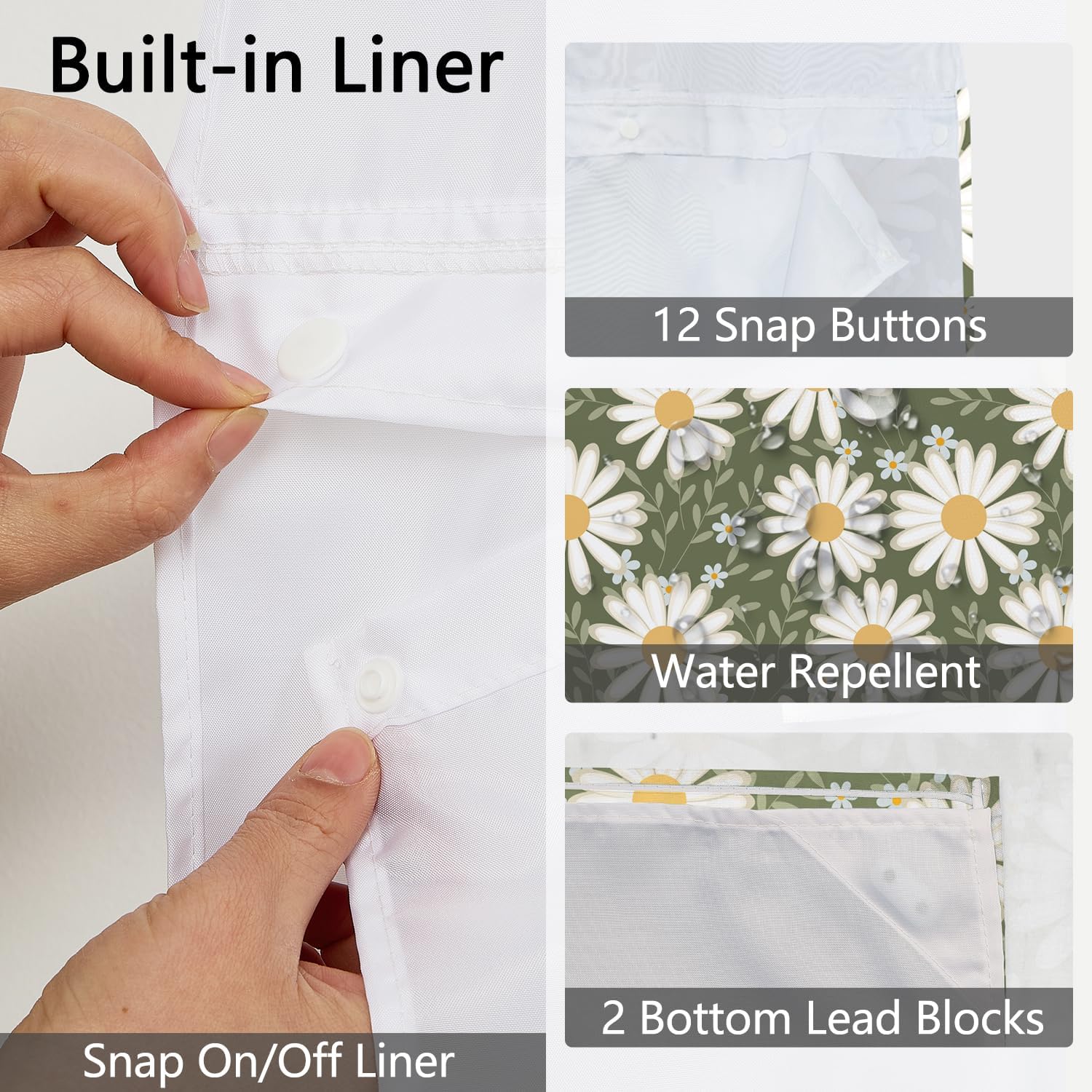 No Hooks Daisy Shower Curtain with Snap in Liner, Green & White Daisy Floral Shower Curtains for Bathroom, Waterproof Cloth Fabric with See Through Mesh Top Window, 71x74 Inch