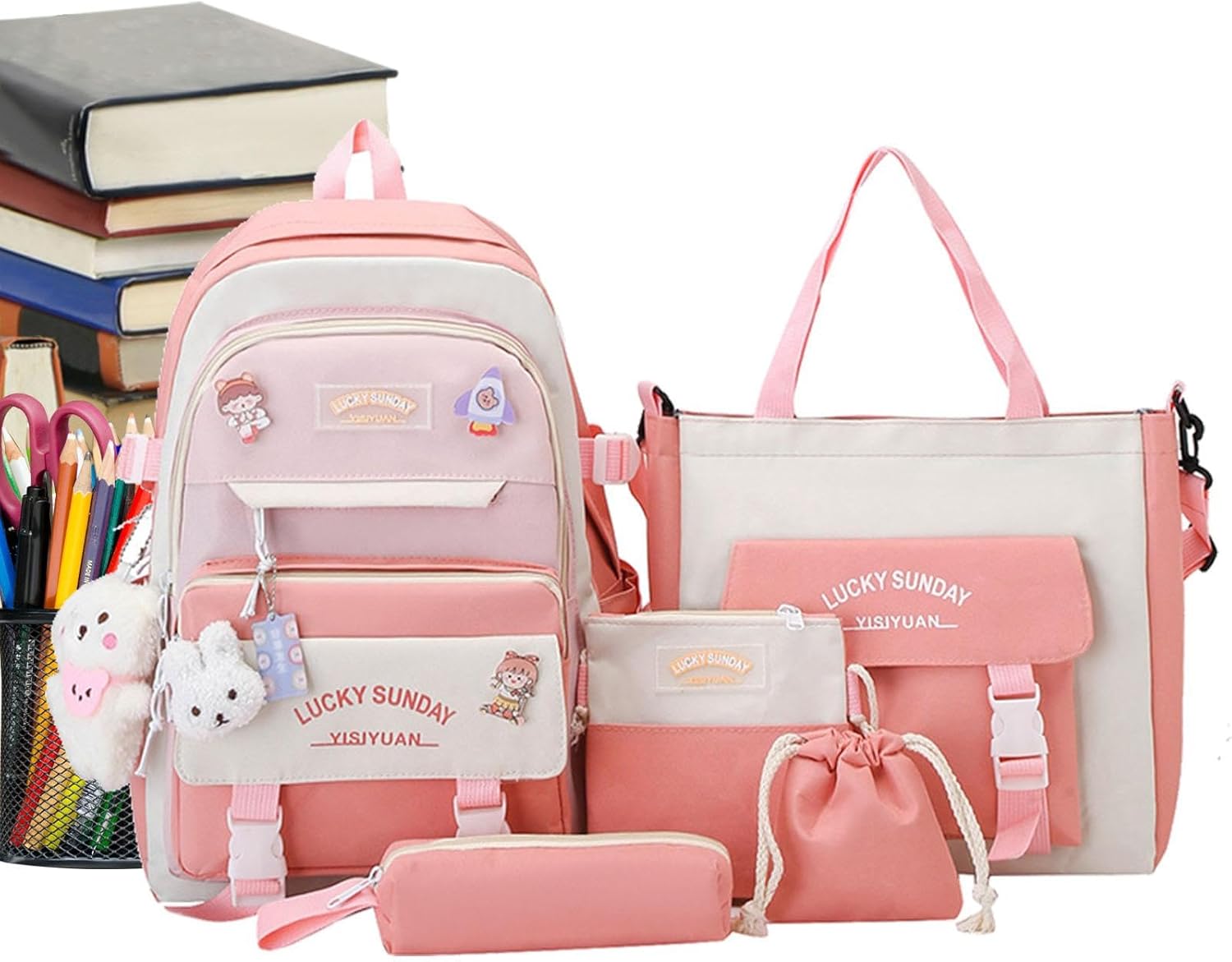 UKKD Schooltas 5 Stks/set Canvas Schooltas voor Tiener Meisjes Student Vrouwen Reizen School Laptop Rugzakken Vrouwelijke Boek Tas