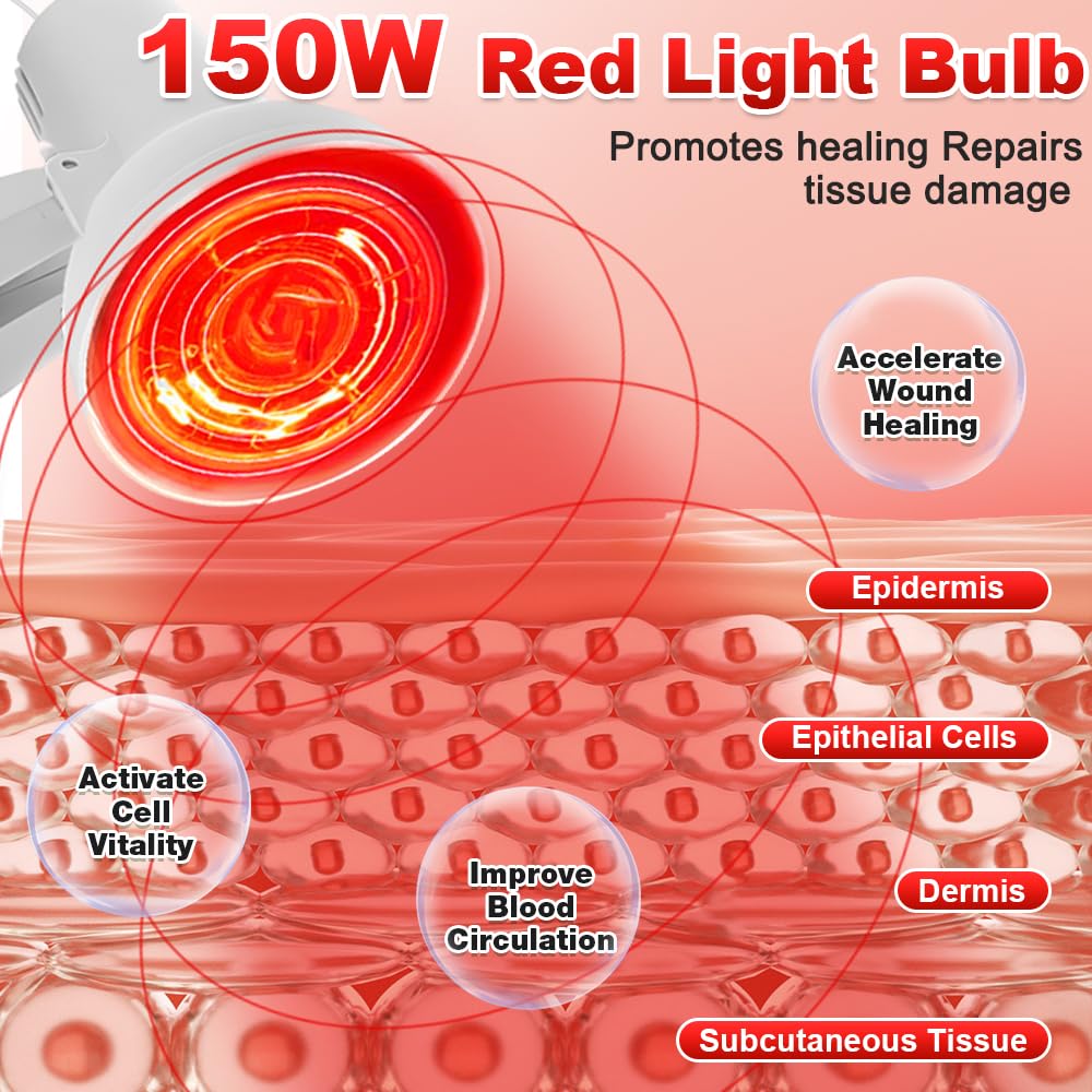 Rotlichtlampe Wärmelampe, 150W Infrarotlampe mit 3 Stufen Timer und 4-stufige Temperaturregelung, 45° Einstellbarer Rotlichtlampe Therapie, Infrarot Lampe für Entspannende Wärme