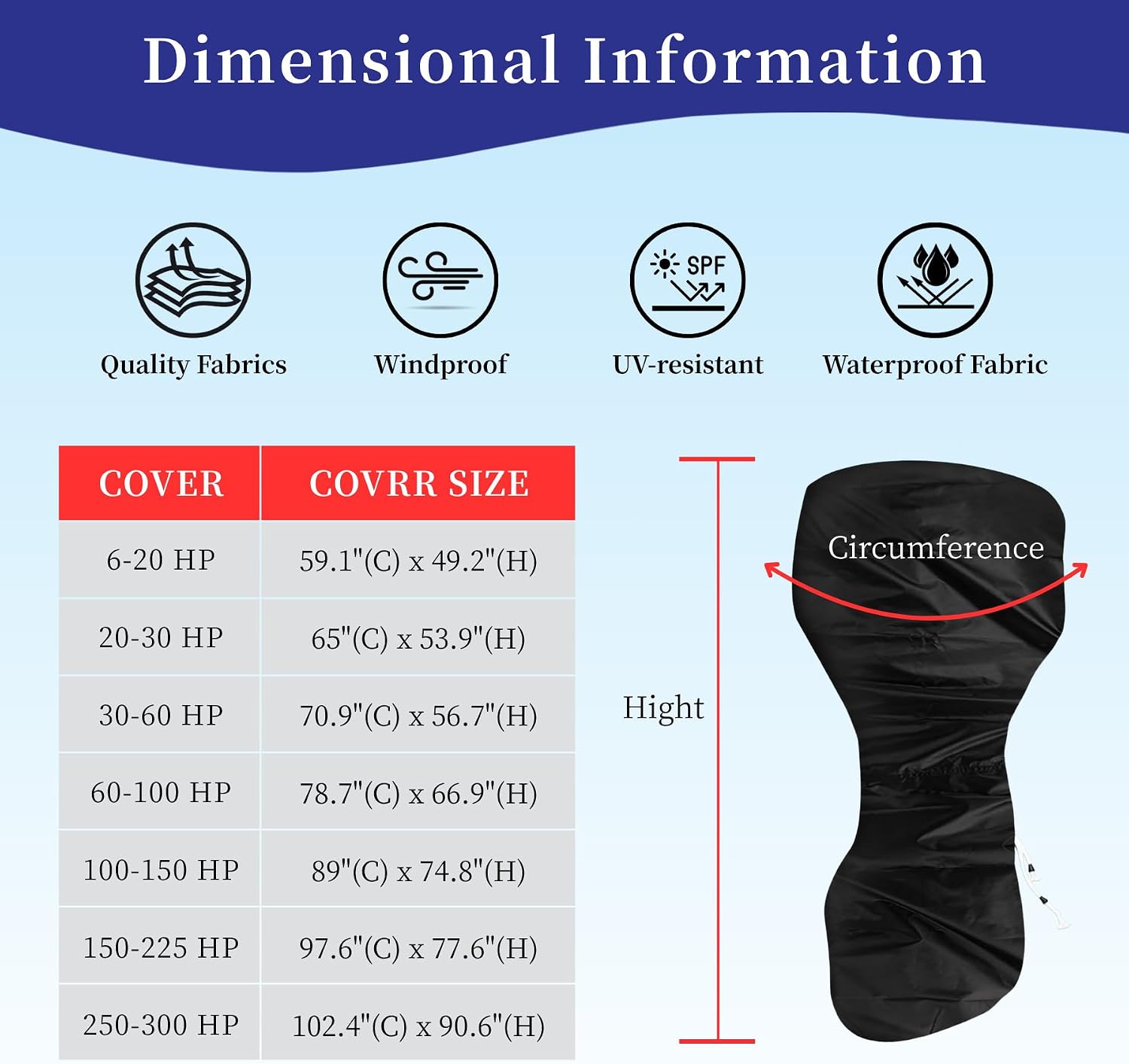 Outboard Motor Cover for Mercury Yamaha Honda Suzuki Tohatsu Johnson Evinrude 225 250 300 HP Full Boat Engine, Waterproof Heavy Duty Oxford Fade-Resistant Windproof Hood Cowling Protector