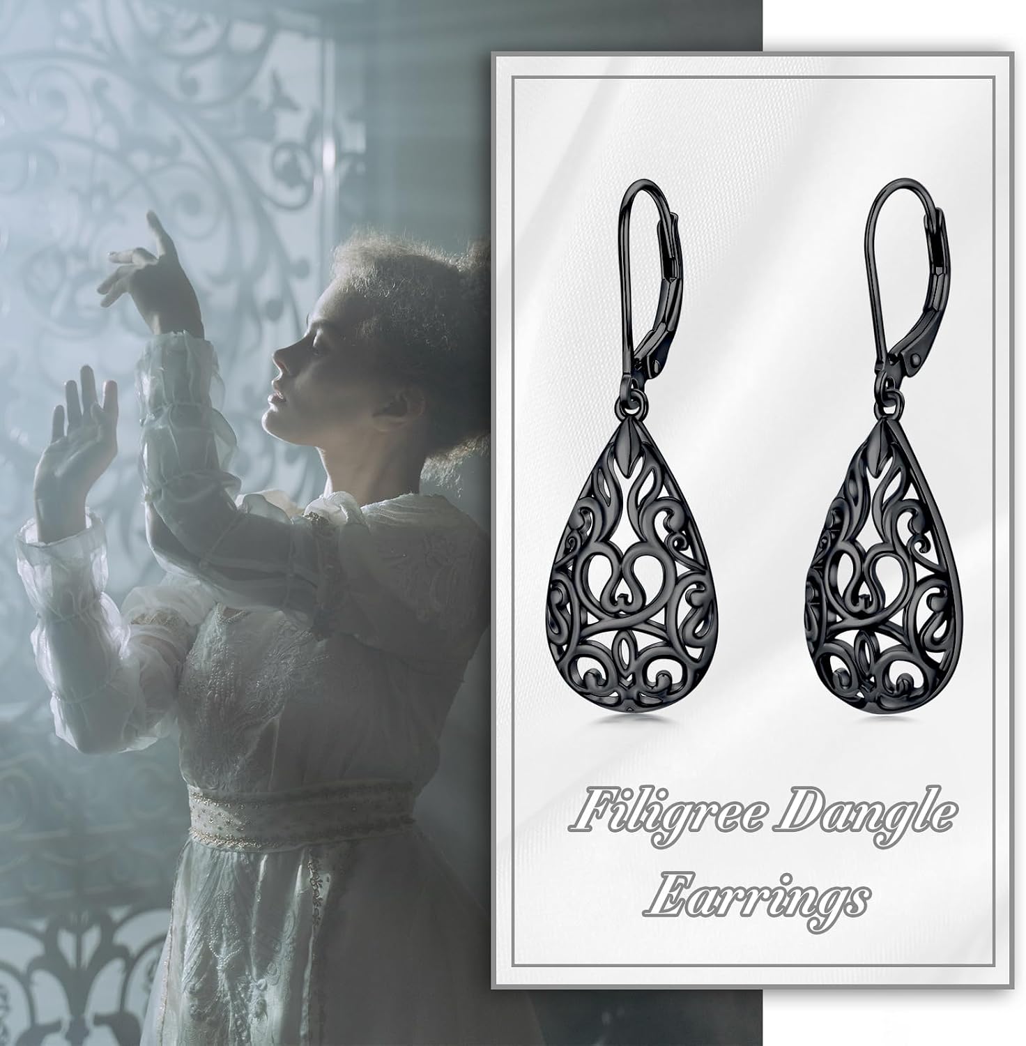 VONALA Filigree Teardrop Earrings for Women Sterling Silver Filigree Teardrop Dangle Earrings Filigree Leverback Earrings for Women Birthday Gift