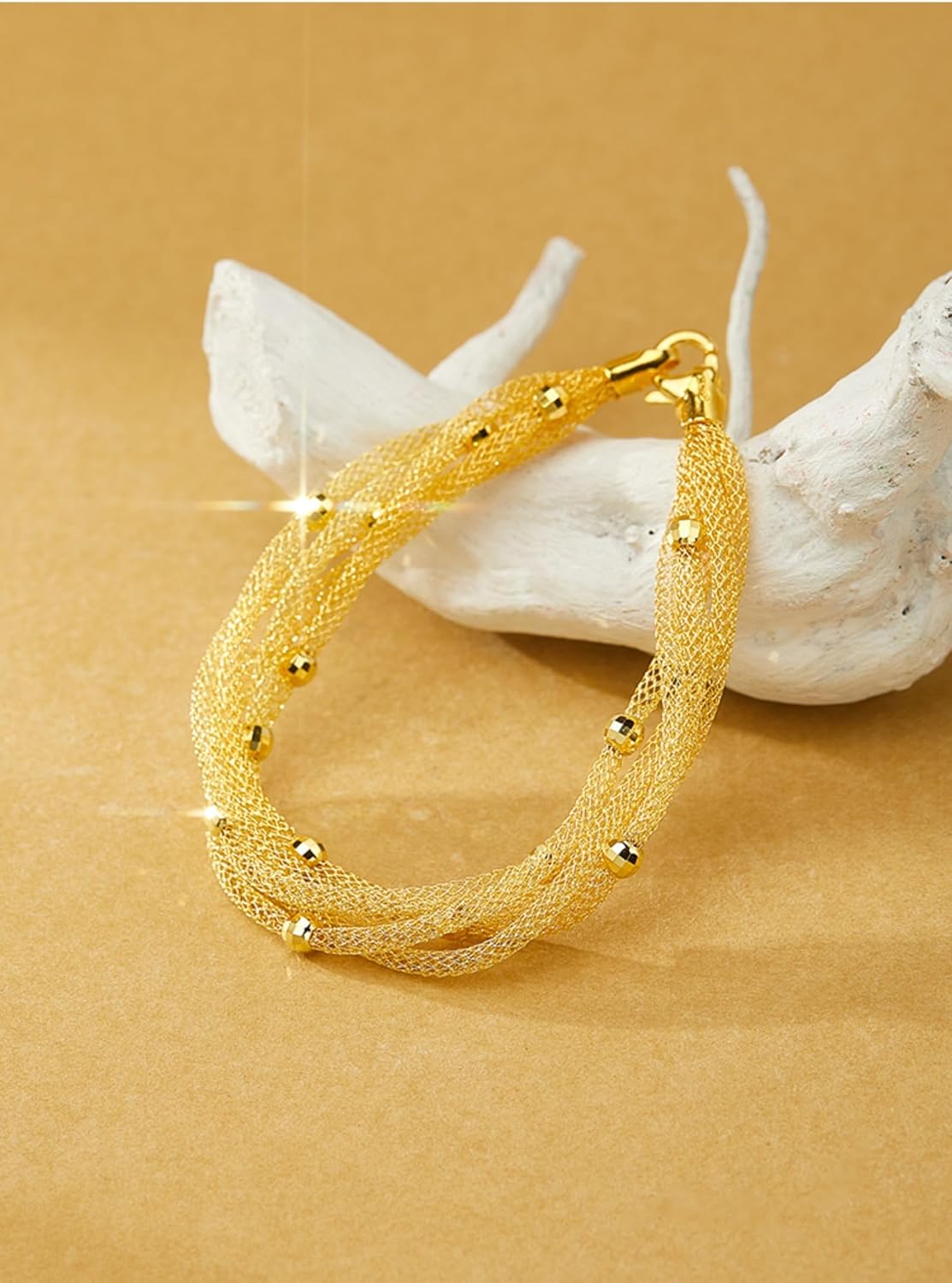 Luxury Italian Womens Silver Mesh Bracelet Openwork Woven Beaded Bracelet 18K Gold Over Party Wedding Cuff Daily Wearing Length 7in