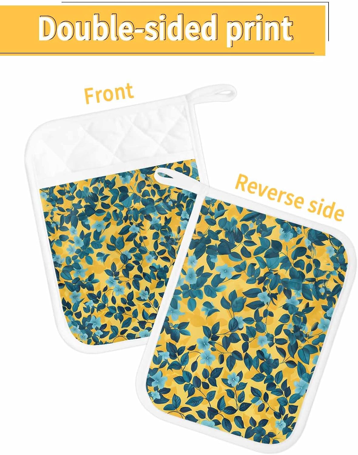 4PCS Pot Holders with Pocket for Kitchen, Flower Leaf Pot Holder Set Heat Insulation Potholders, Country Pastoral Floral Botanical Plant Oven Mitts Hot Pads for Baking Cooking Barbecue