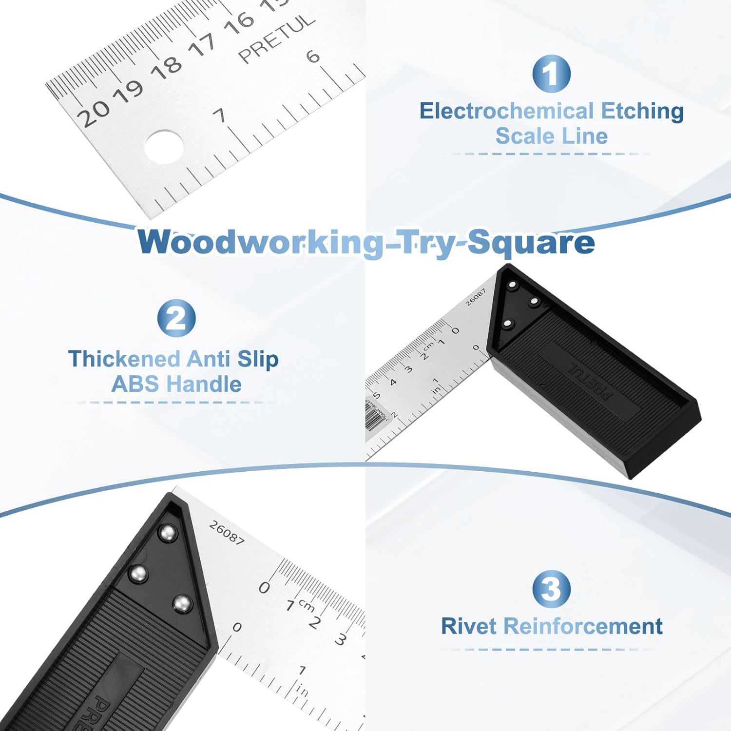 HARFINGTON Woodworking Square Ruler 8" Stainless Steel Try Square Precision Framing Carpenter Tool Metal Right Angle Ruler with Plastic Handle for Professional Carpentry, Silver Black