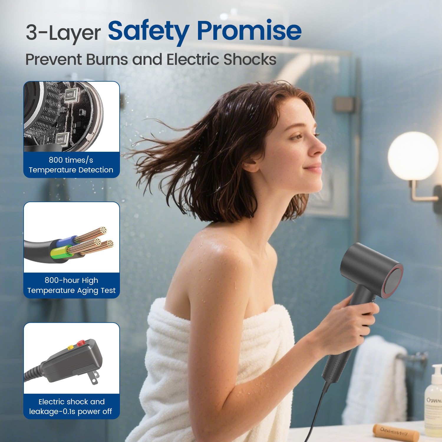 Hair Dryer with Diffuser,1-4min Fast Dry by 1400w, 3 Heat/Cool Wind Level,0.86lb Lightweight, 49db Low Noise, 2 Billion Plasma, Industry-Leading High-Speed Brushless Motor Blow Dryer for Home Travel - Image 6