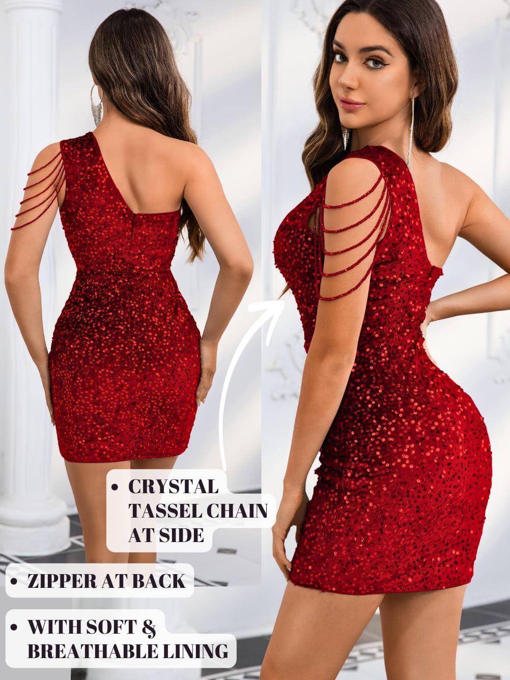 Kaei&Shi Sequin Velvet Prom Dress,Cut Out One Shoulder Short Formal Dresses,Sparkly Outfits Women HOCO Birthday Cocktail - Image 5